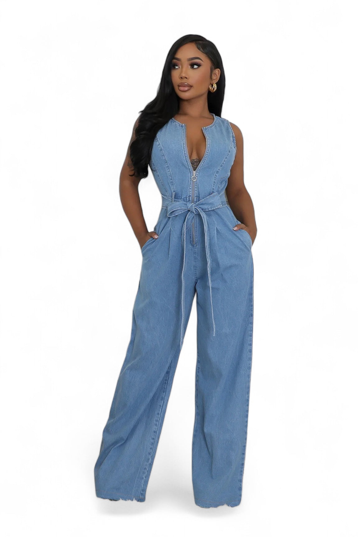 Denim Front Zipper Wide Leg Jumpsuit