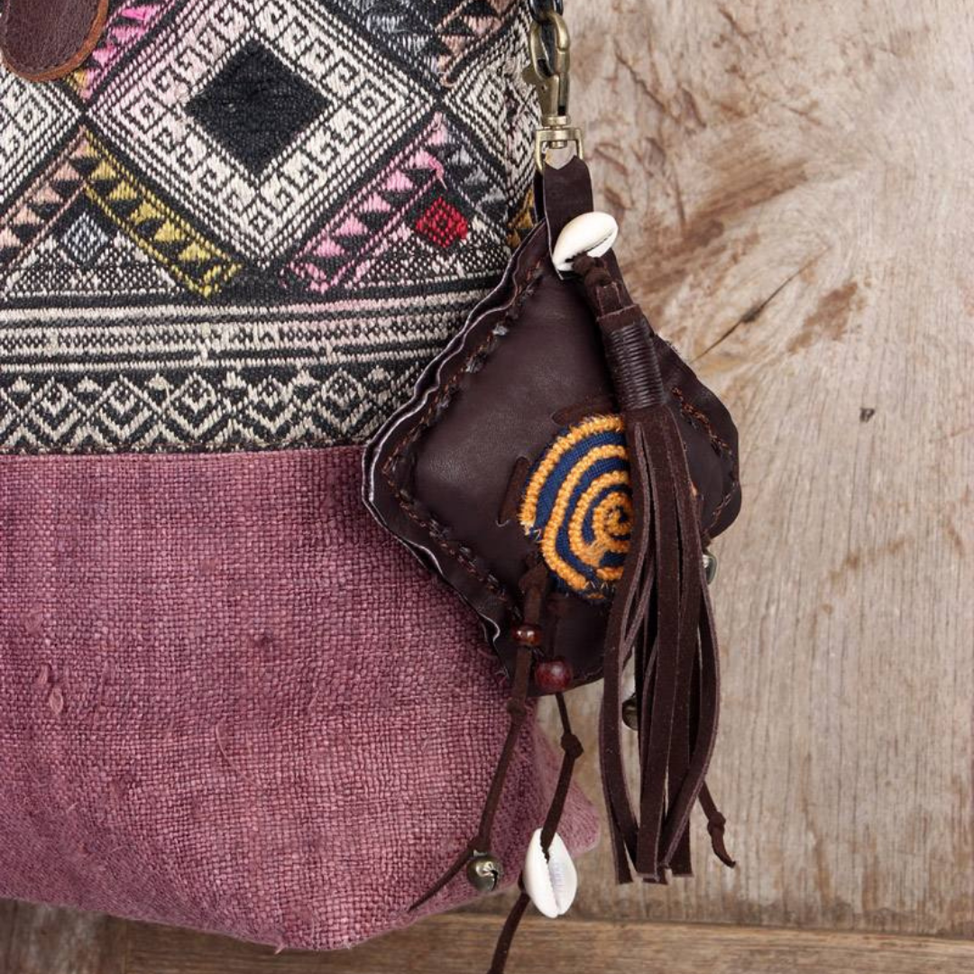 Handmade Leather Zipper Pull with Embroidery and Shell Detail | Ethical Bag Accessory – Thailand