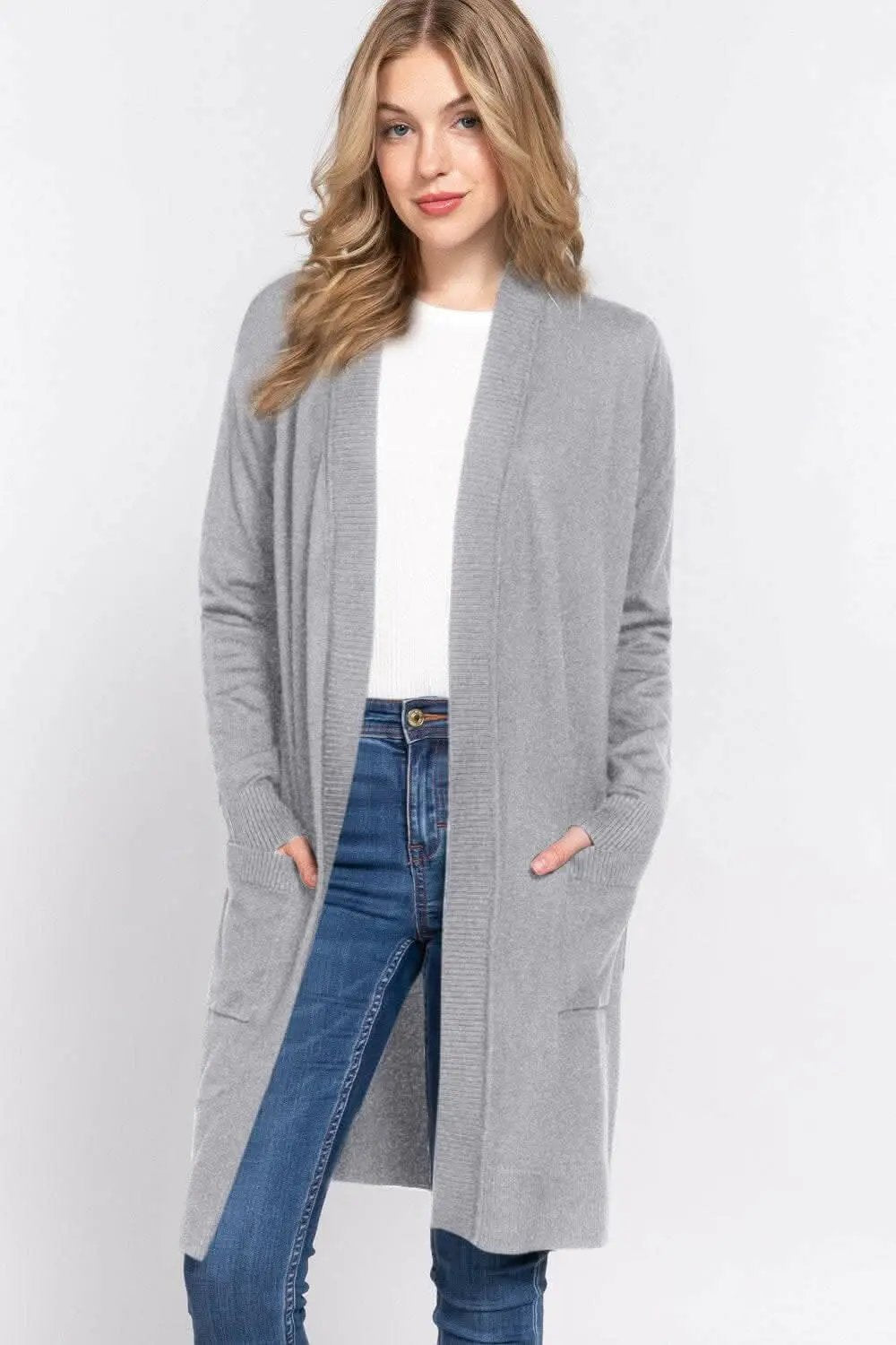 ACTIVE BASIC Long Sleeve Knit Cardigan - Open Front Rib Trim Activewear