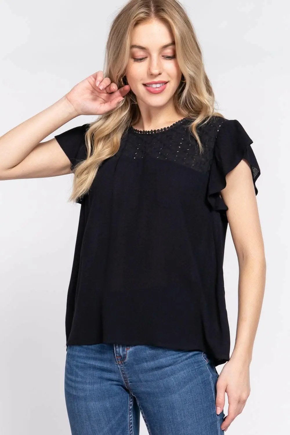 Trendsi ACTIVE BASIC Ruffle Short Sleeve Crochet Blouse - Women&amp;#39;s Fash
