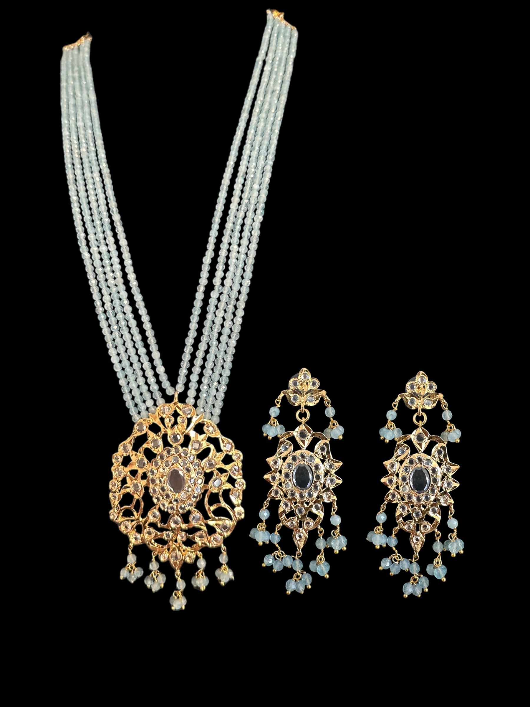 DLN123 Himah long necklace with earrings in real aquamarine beads ( SHIPS IN 2 WEEKS )