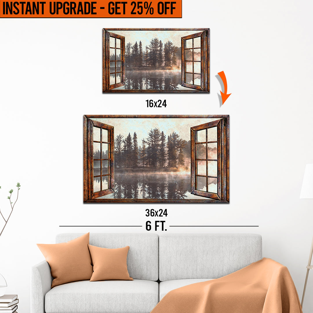 Upgrade Your 16x24 Inches &amp;#39;Foggy Autumn Lake View By The Window&amp;#39; Canvas To 36x24 Inches