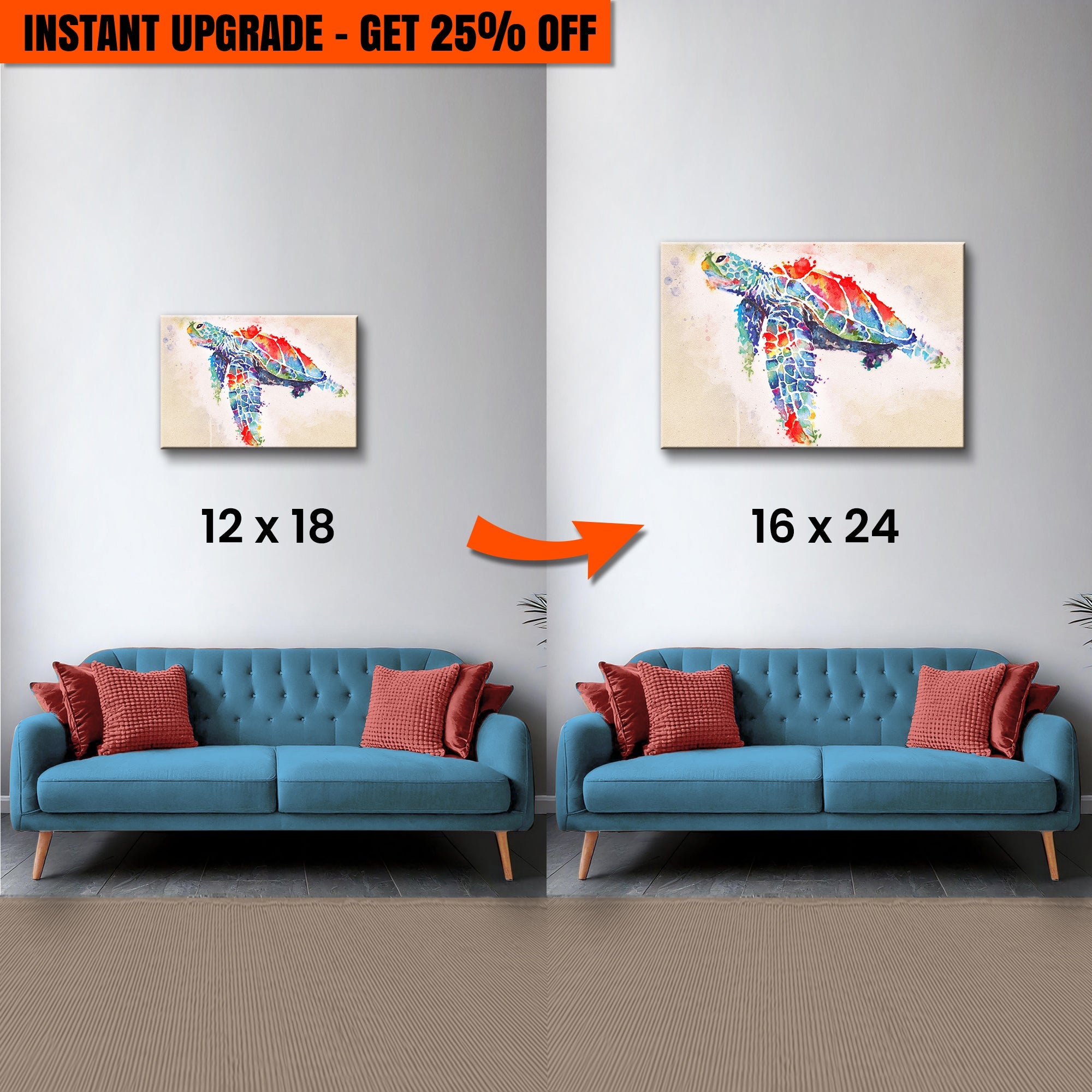 Upgrade Your 12x18 Inches &amp;#39;Coral Reef Sea Turtle Watercolor&amp;#39; Canvas to 16x24 Inches