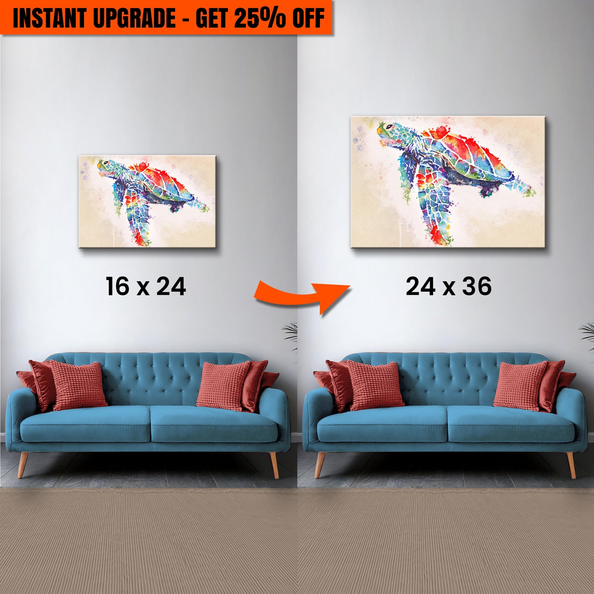 Upgrade Your 24x16 Inches &amp;#39;Coral Reef Sea Turtle Watercolor&amp;#39; Canvas To 36x24 Inches