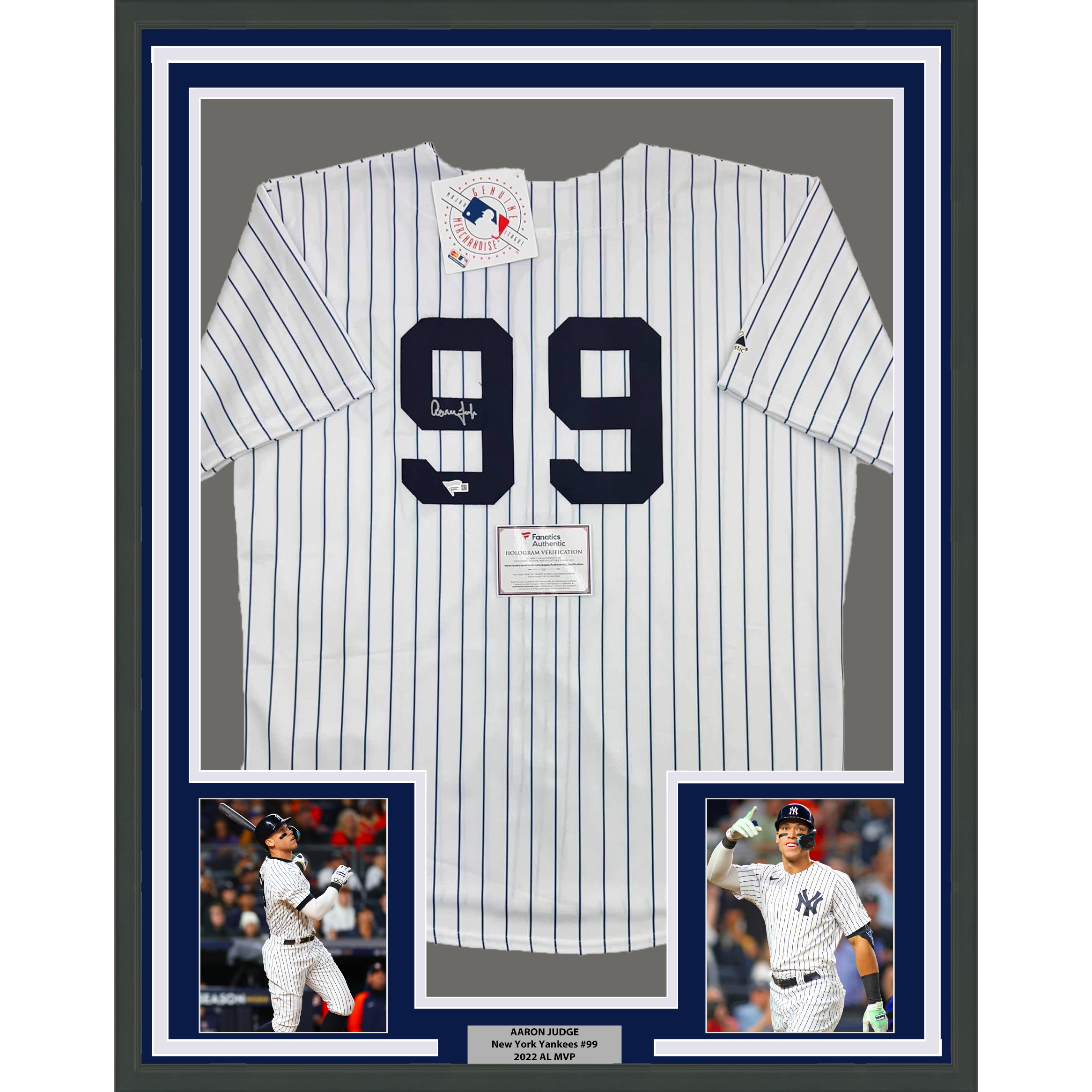 Framed Autographed/Signed Aaron Judge 35x39 New York Yankees Authentic Majestic Pinstripe Baseball Jersey Fanatics COA