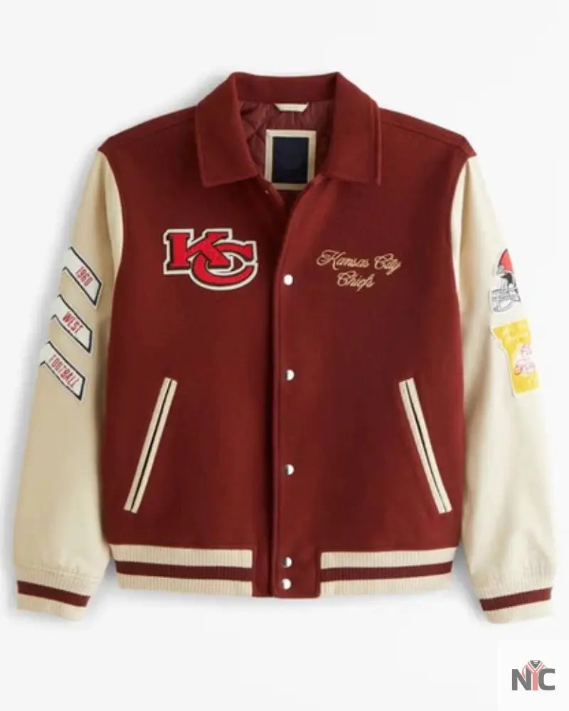 Abercrombie Kansas City Chiefs Brown And White Varsity Bomber Jacket
