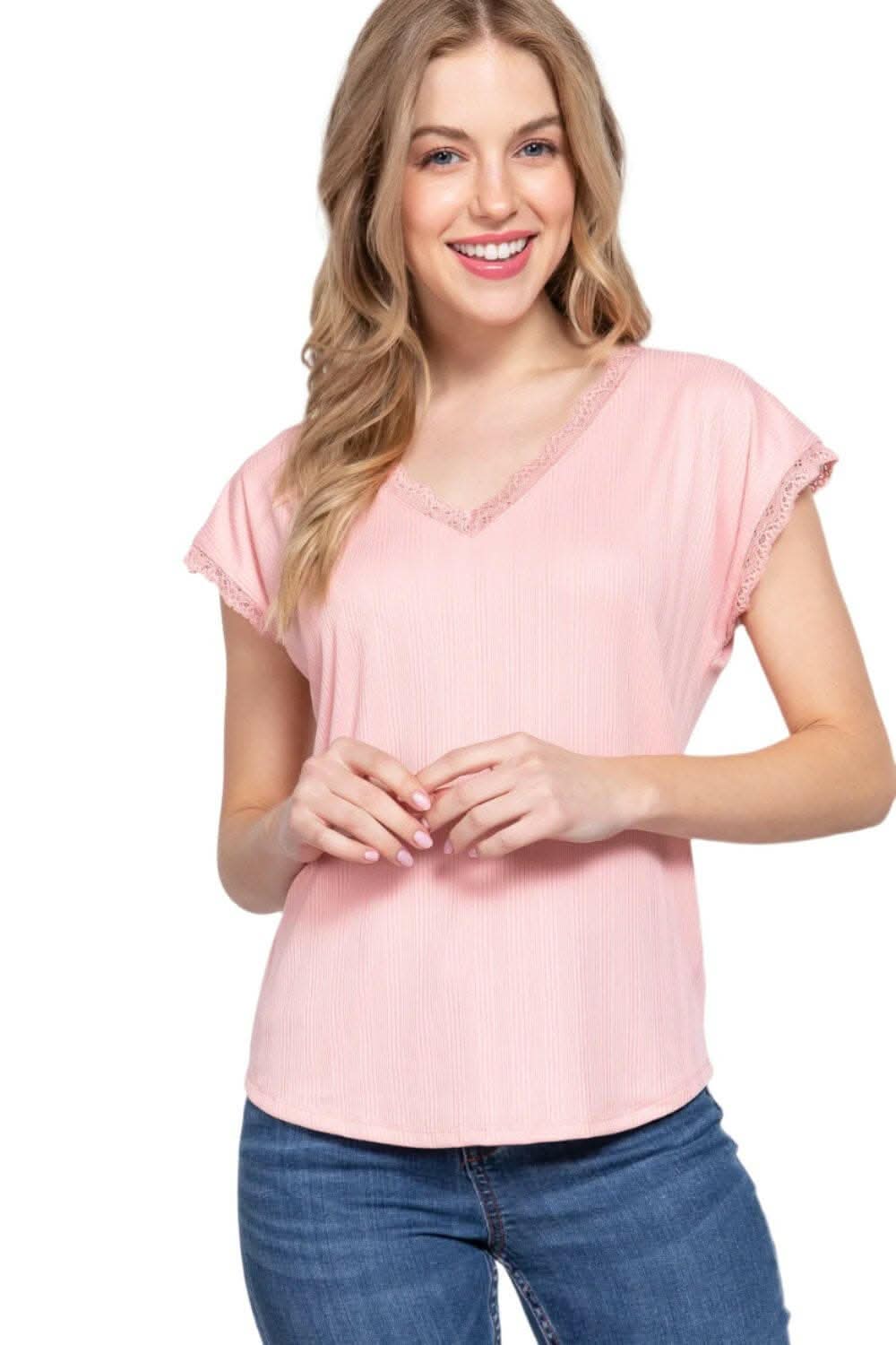 Active Basic Lace Trim V-Neck Top - Women&amp;#39;s Casual Blouse