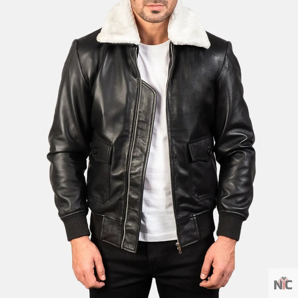 Airin G-1 Black &amp;amp; White Leather Bomber Jacket