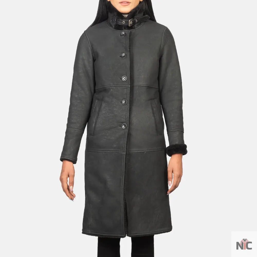 Alina Shearling Black Leather Coat