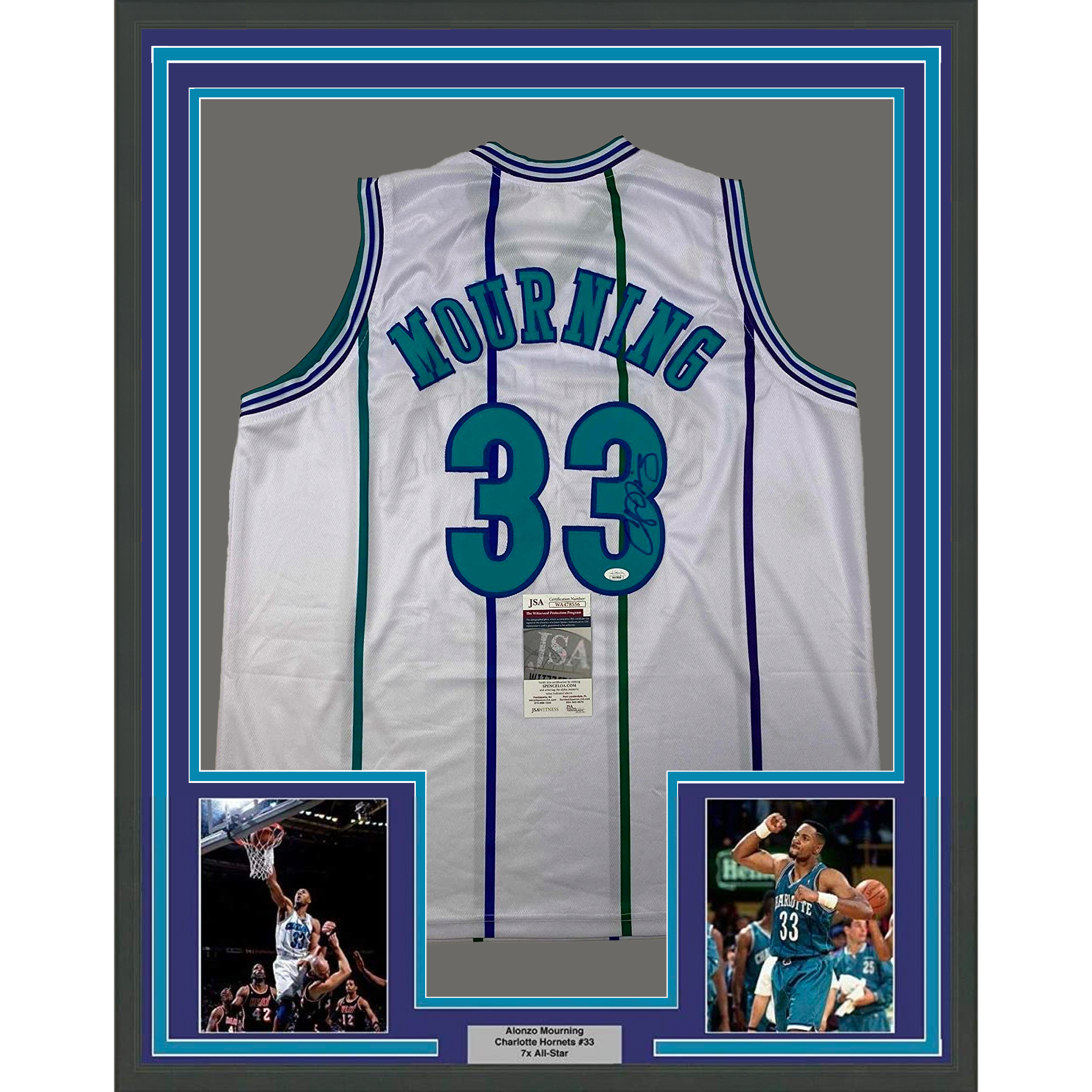 Framed Autographed/Signed Alonzo Mourning 35x39 Charlotte White Basketball Jersey JSA COA
