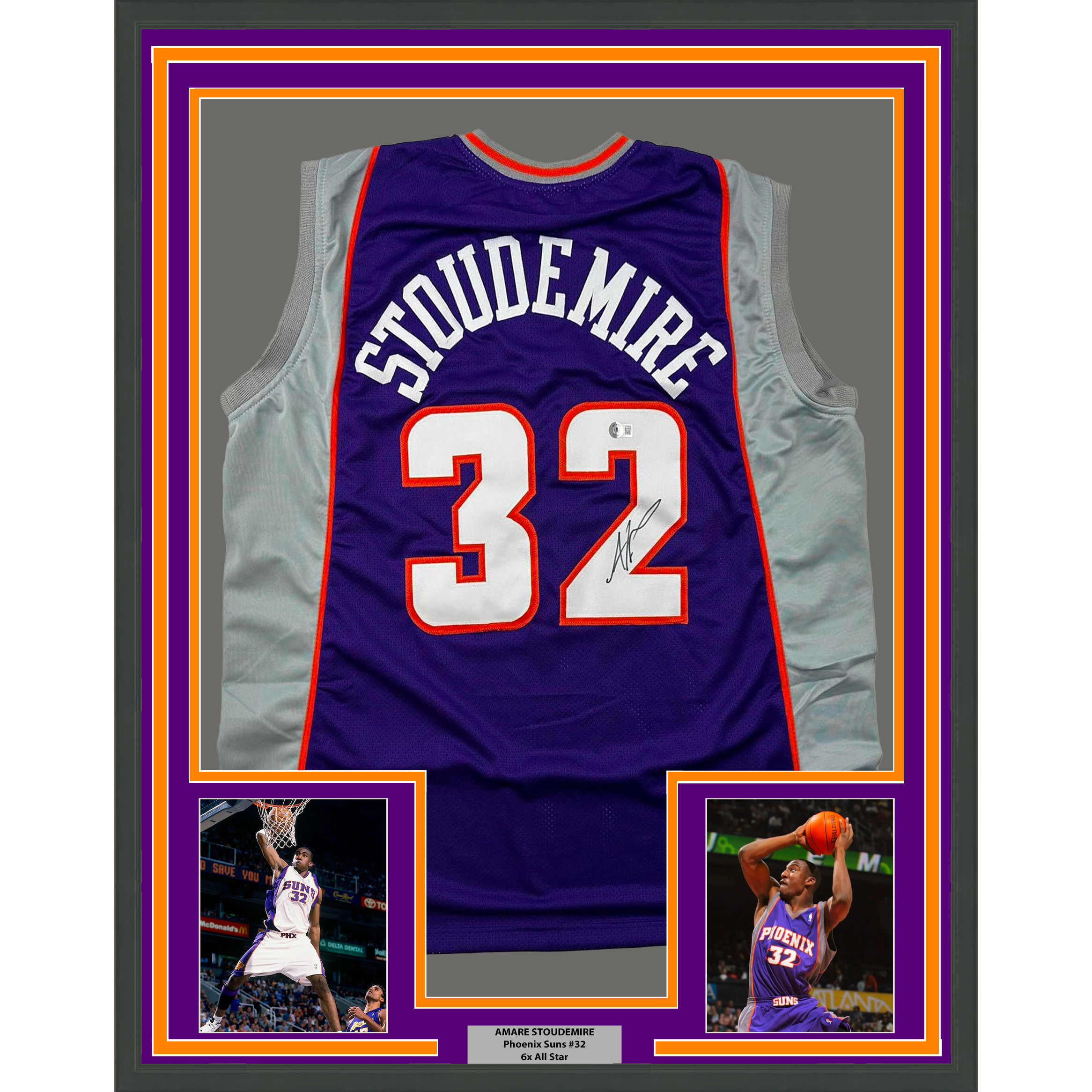 Framed Autographed/Signed Amare Stoudemire 35x39 Phoenix Purple Basketball Jersey Beckett BAS COA