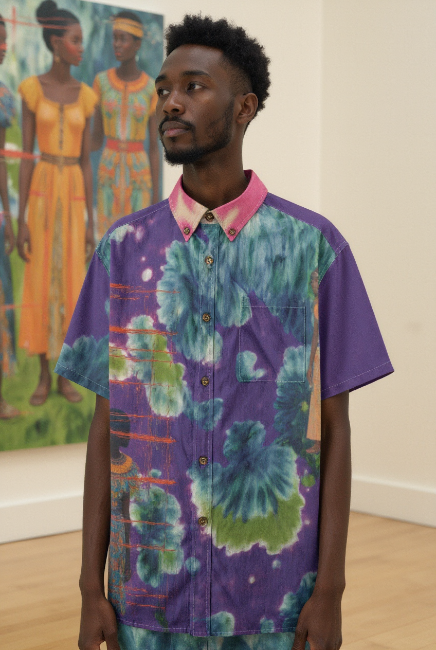 Amaru Khan Shibori Floral Men&amp;#39;s Bamboo Cotton Collar Shirt