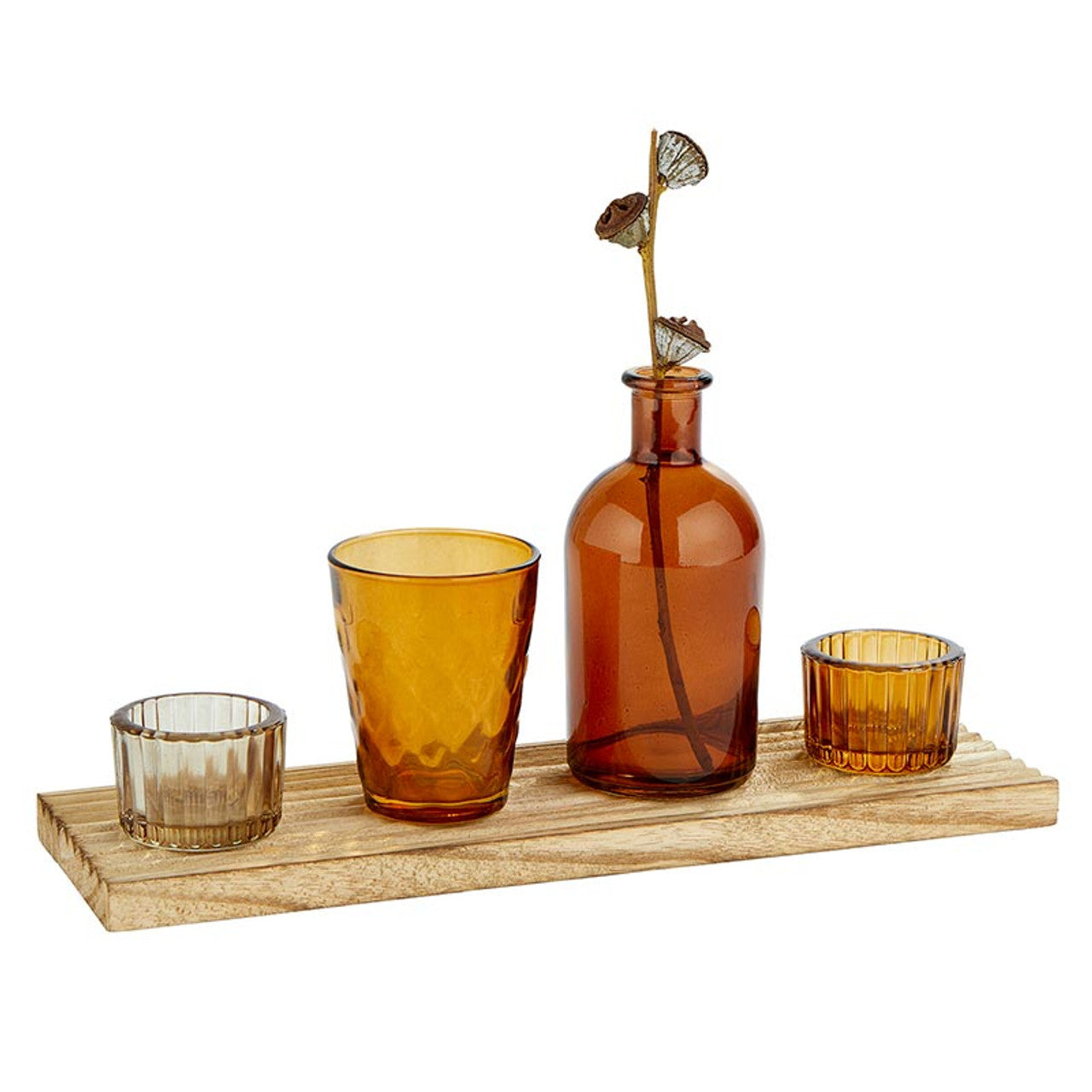 Amber Candle Garden Set | Glass Bottle Vase &amp;amp; Votive Candleholders with Wooden Tray