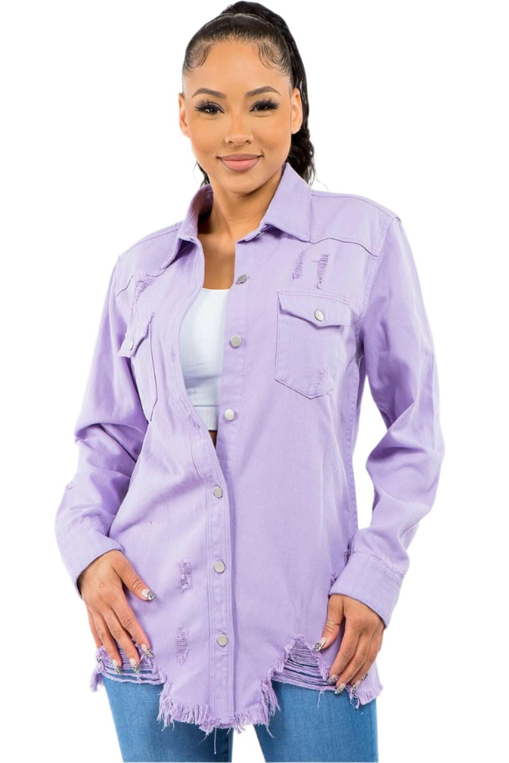 American Bazi Frayed Hem Distressed Denim Jacket - Women&amp;#39;s Fashion Jeans &amp;amp; Denim Outerwear