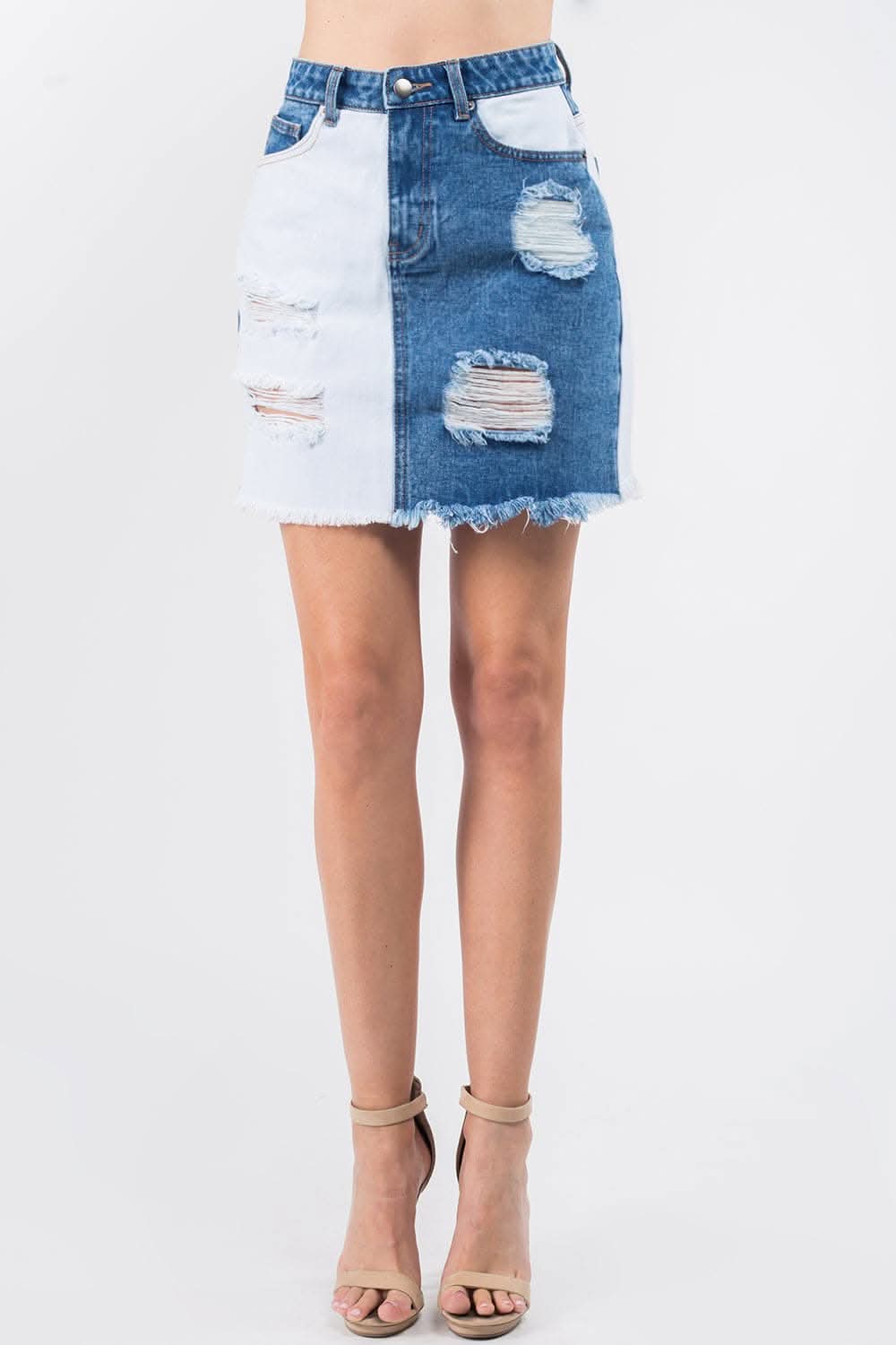 American Bazi Frayed Denim Skirt - Casual High Waist Distressed Jean Mini Skirt