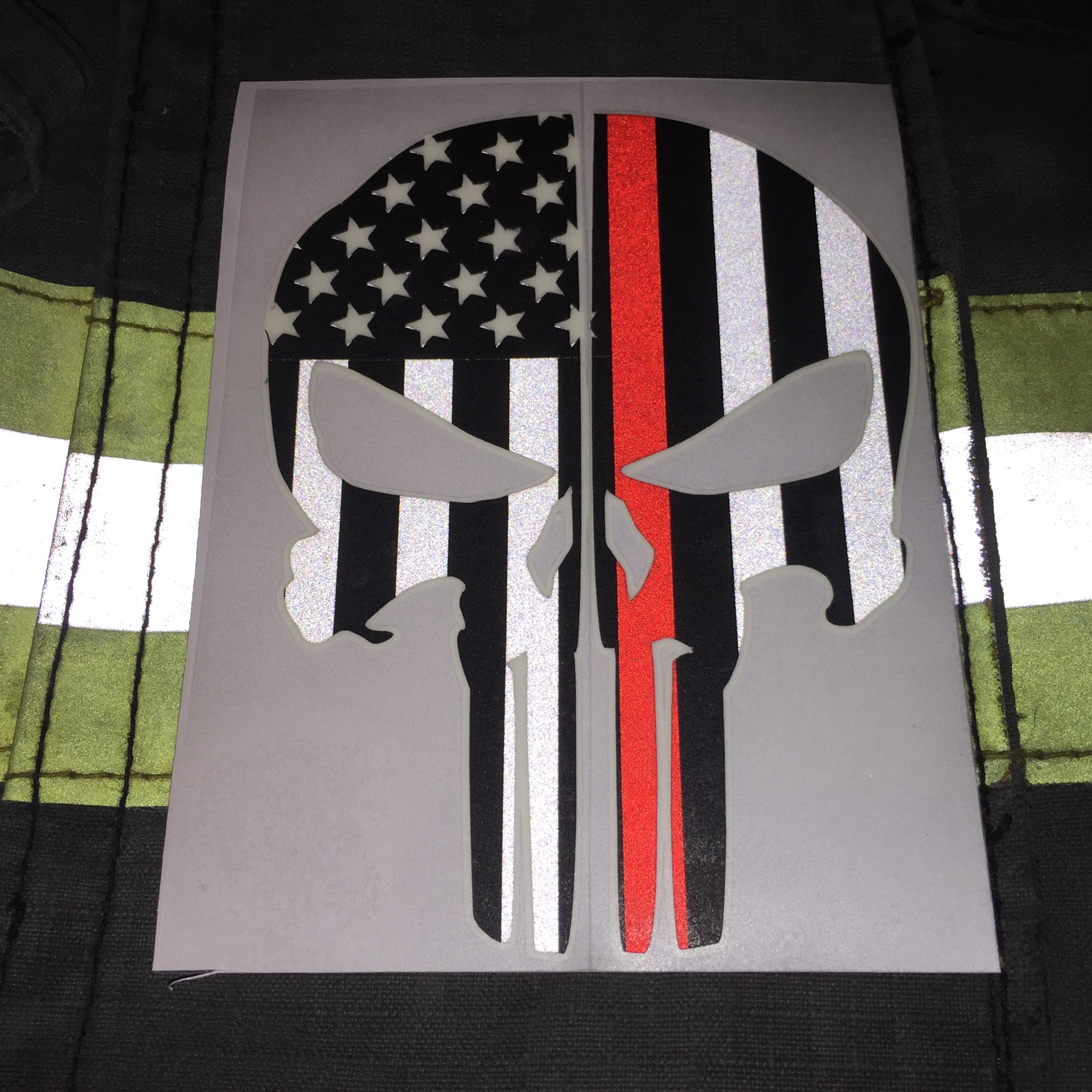 THIN RED LINE FLAG PUNISHER SKULL REAR HELMET REFLECTIVE/GLOW IN THE DARK STARS &amp; STRIPES/OUTLINE HELMET DECAL