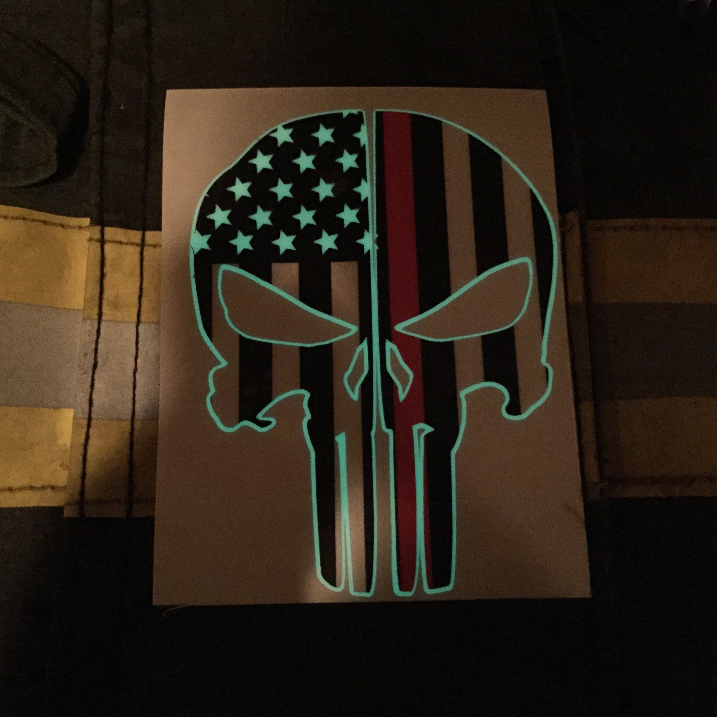 THIN RED LINE FLAG PUNISHER SKULL REAR HELMET REFLECTIVE/GLOW IN THE DARK STARS &amp;amp; STRIPES/OUTLINE  HELMET DECAL