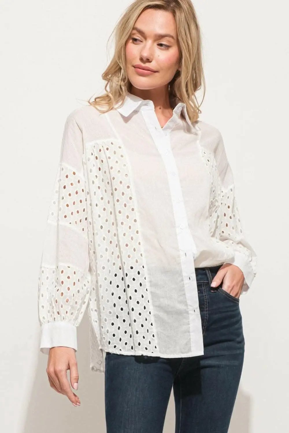 And The Why Eyelet Long Sleeve Button Down Shirt - USA Design,