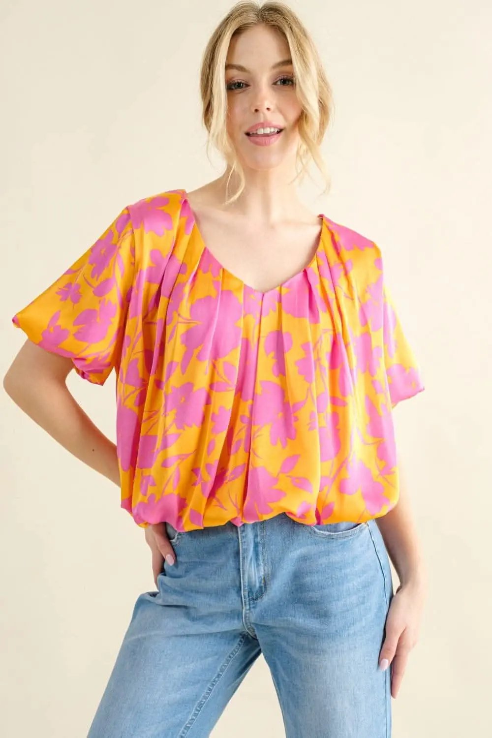 And The Why Full Size Printed Satin Bubble Hem Top - Elegant Blouse for Women