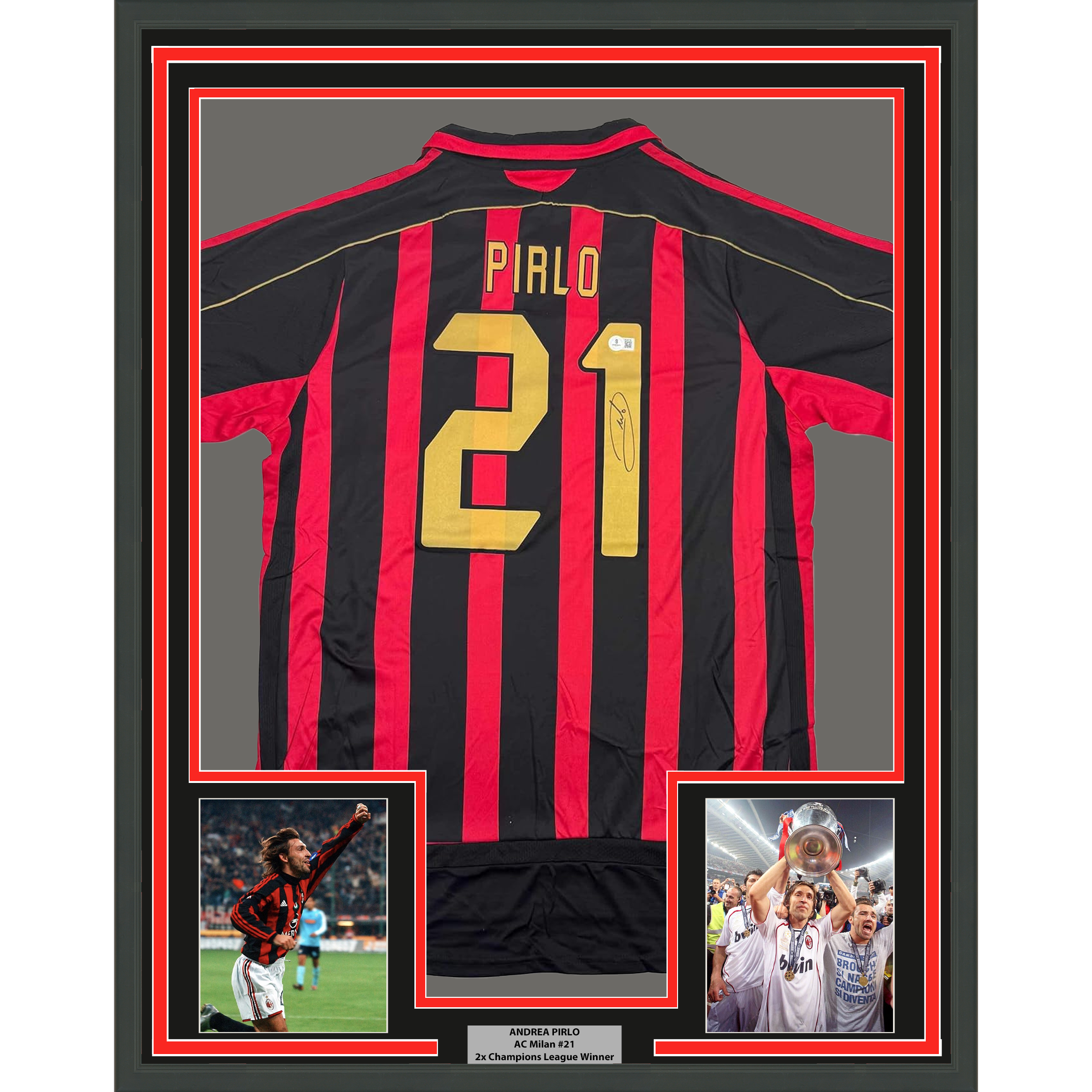 Framed Autographed/Signed Andrea Pirlo 35x39 AC Milan Black/Red Soccer Futbol Jersey Beckett BAS COA