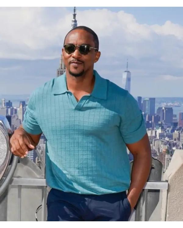 Anthony Mackie Twisted Metal S02 Photo Call Blue Polo Shirt