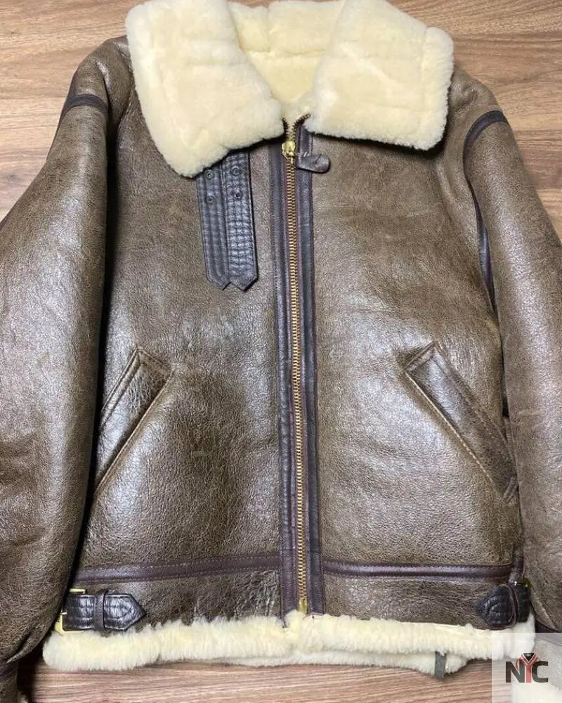 Avirex B-3 Mouton Brown Leather Flight Bomber Jacket