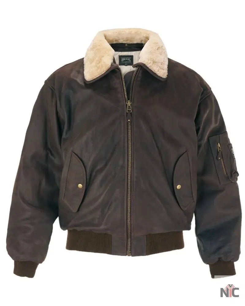 B-2 Men’s Brown Leather Bomber Jacket With White Collar