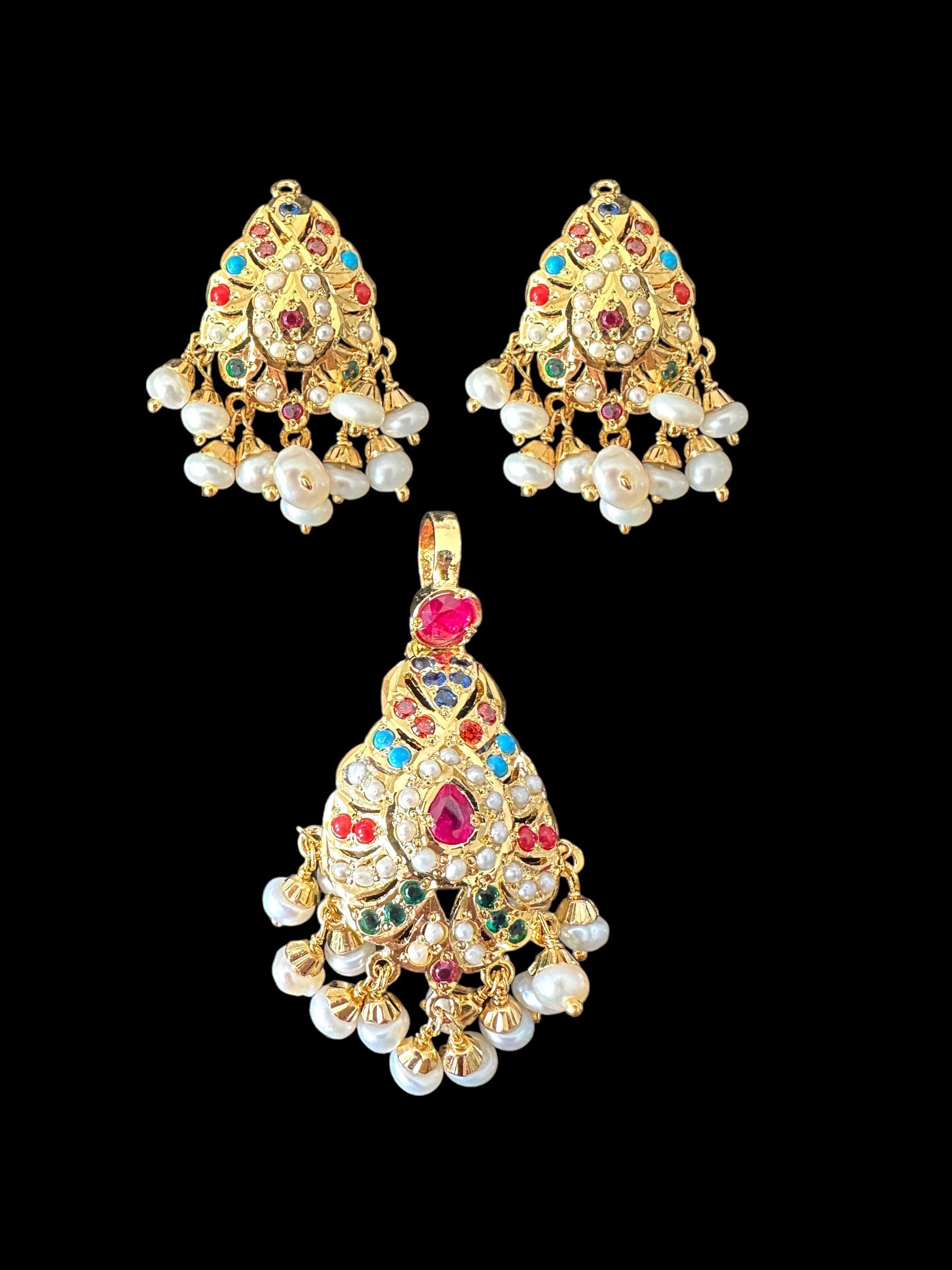 Navratan Gold-Plated Silver Pendant Set with Freshwater Pearls ( READY TO SHIP )