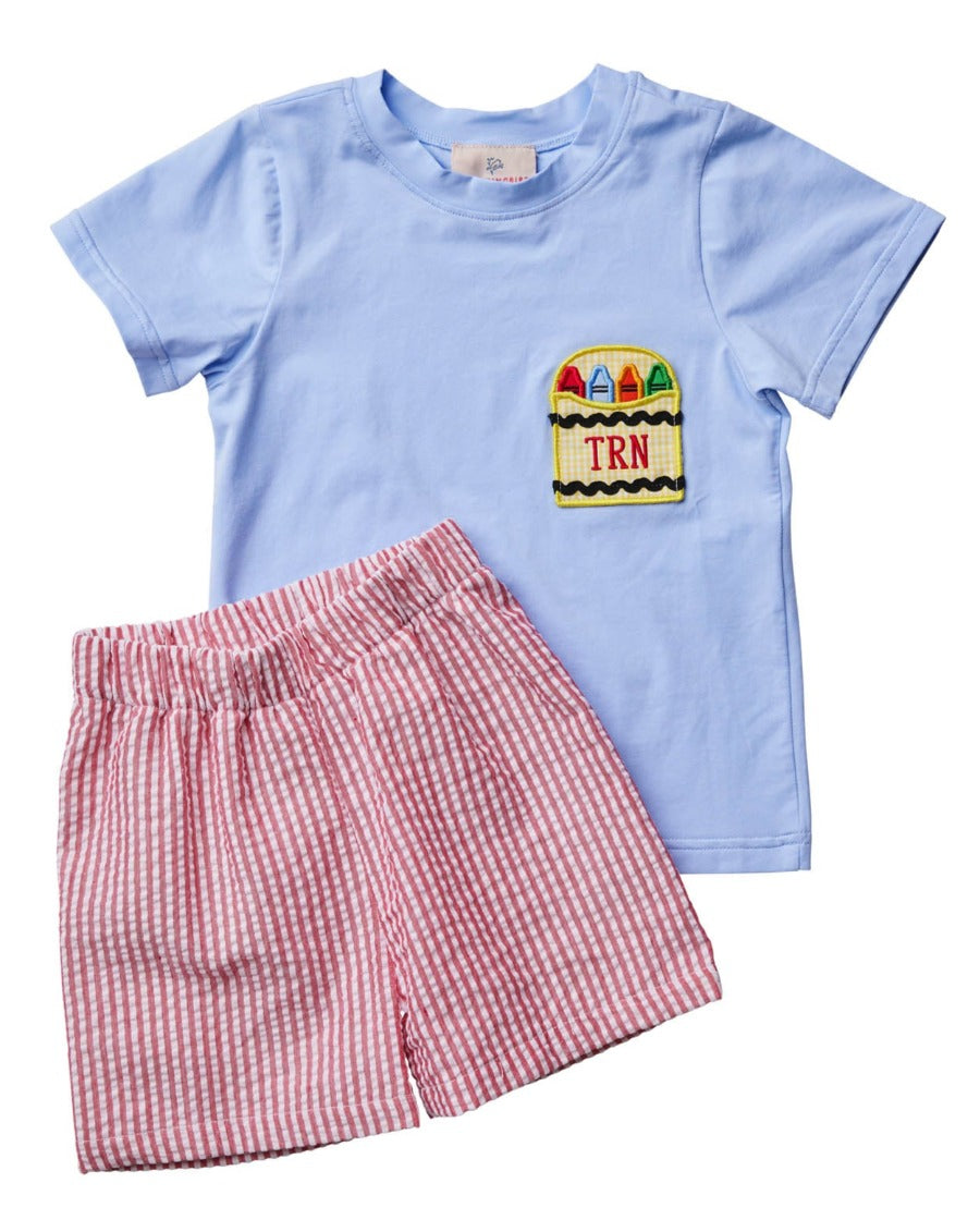 Crayon Pocket Red Seersucker Boy Shorts Set- FINAL SALE