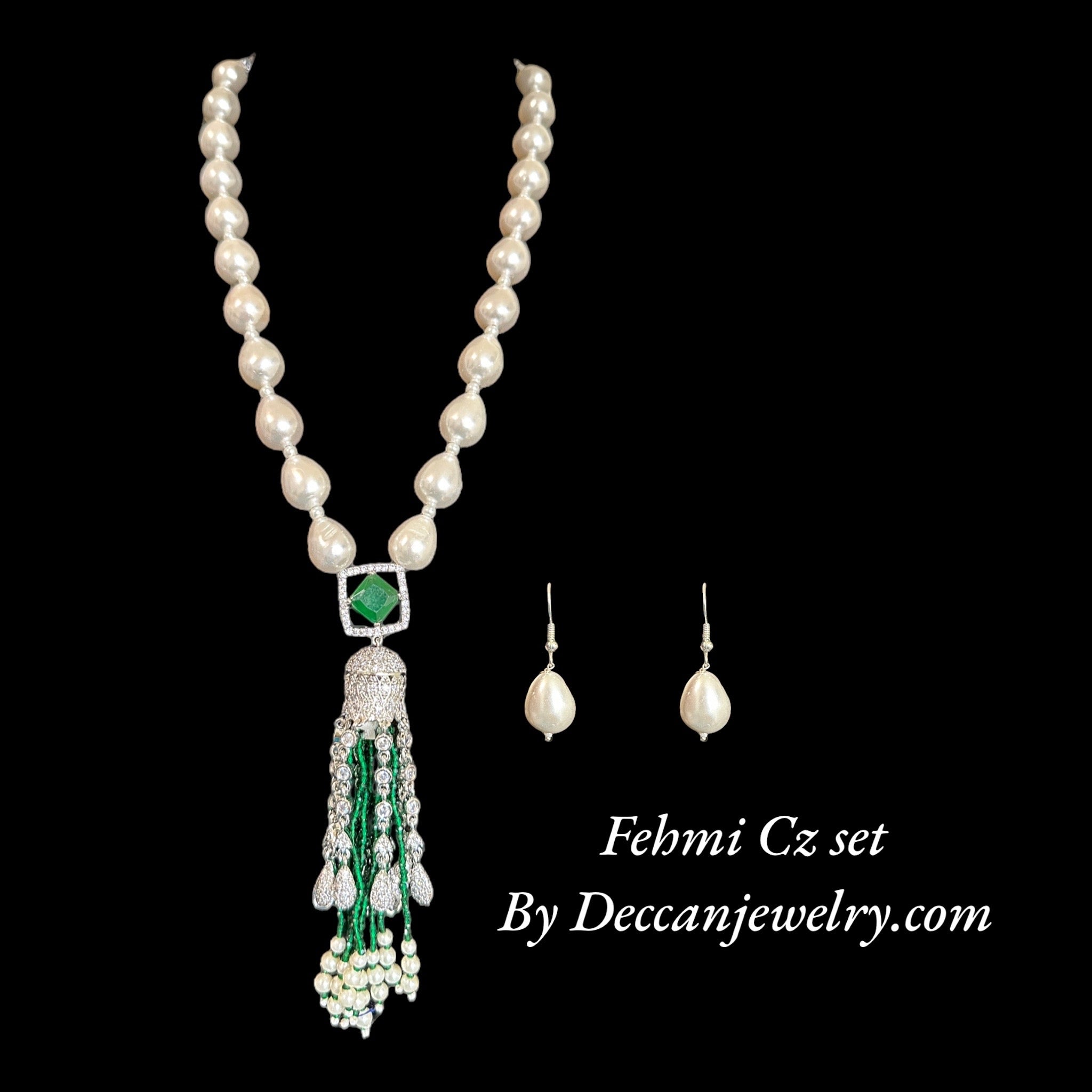 Silver plated cz necklace  earrings in pearls  ( READY TO SHIP )