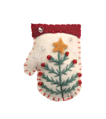 2&amp;quot; Felt White Mitten w/Green Tree Brooch