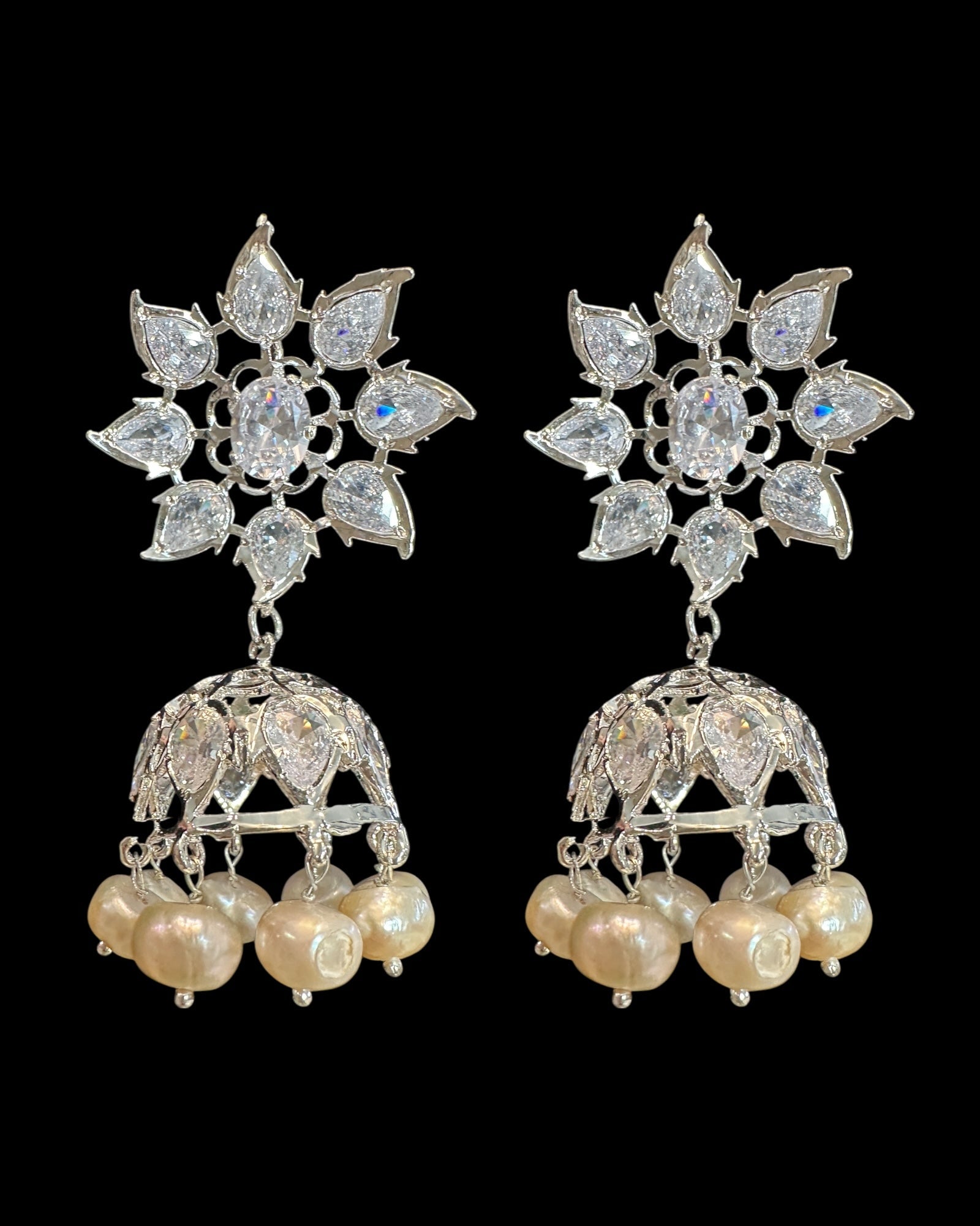 DER607 ✨ Evelyn Silver-Plated Karanphool Jhumka – With Pearls &amp;amp; High-Quality Zircon  ( Ready to Ship )