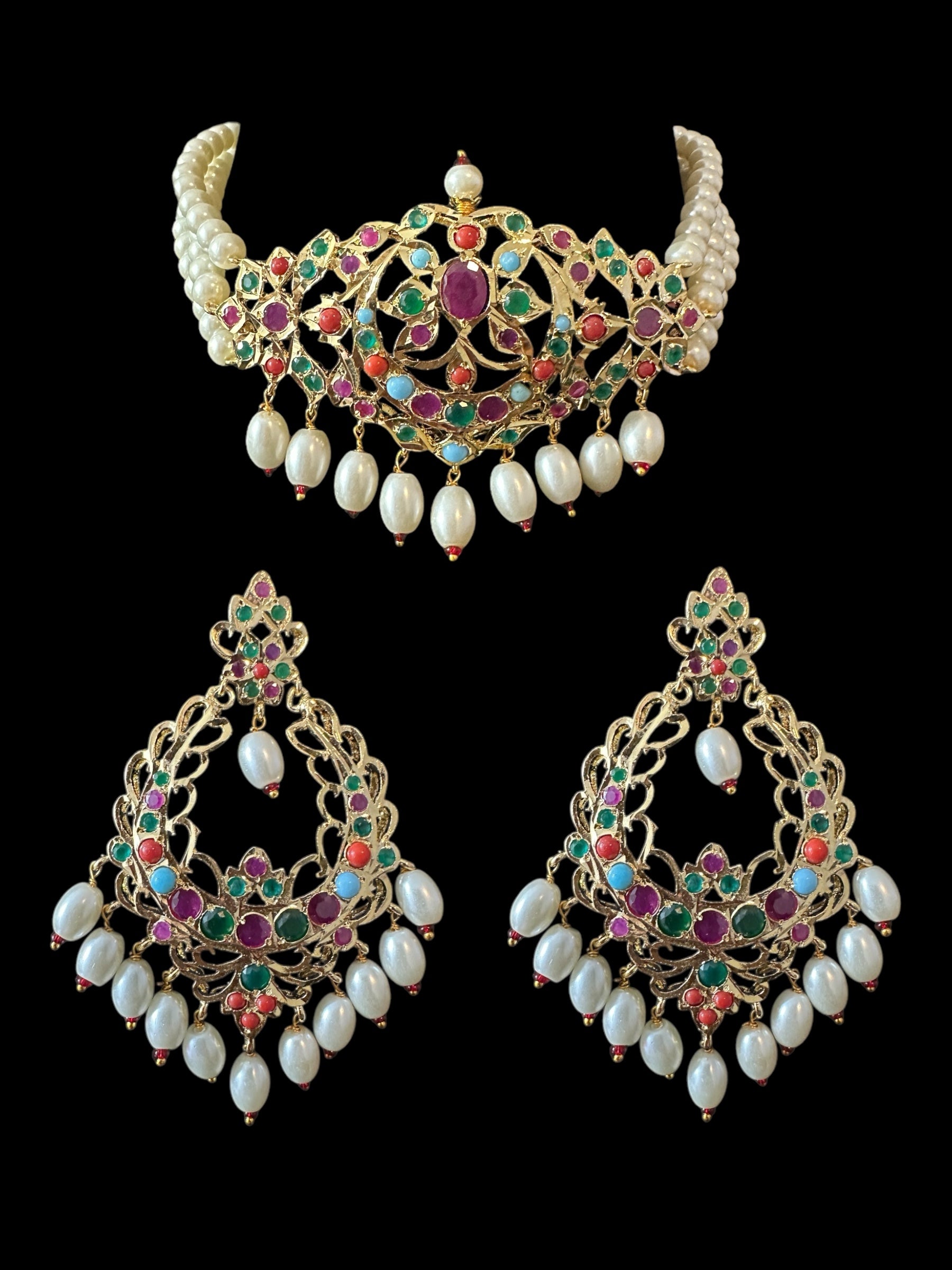 C533 Mushk choker with chandbali earrings in navratan ( READY TO SHIP )
