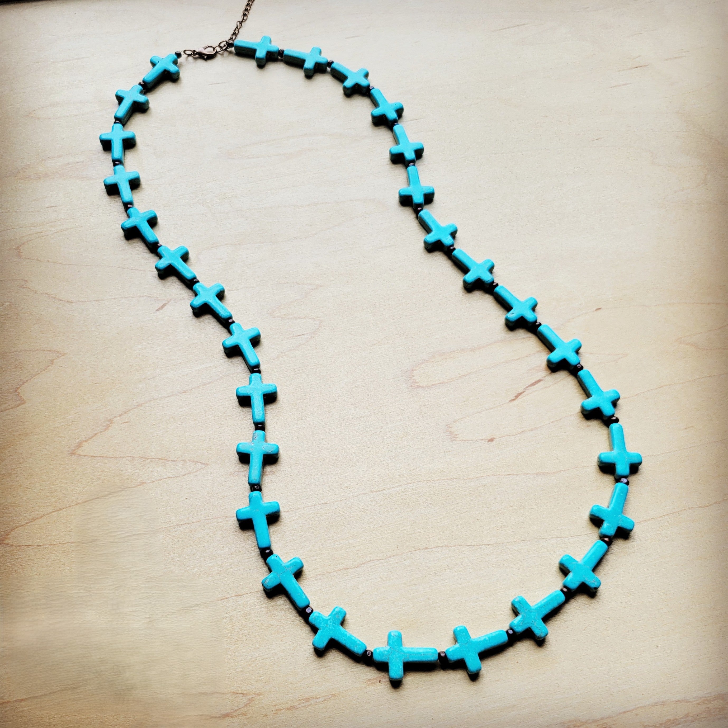 Blue Turquoise &amp;amp; Wood Beaded Cross Necklace 258n