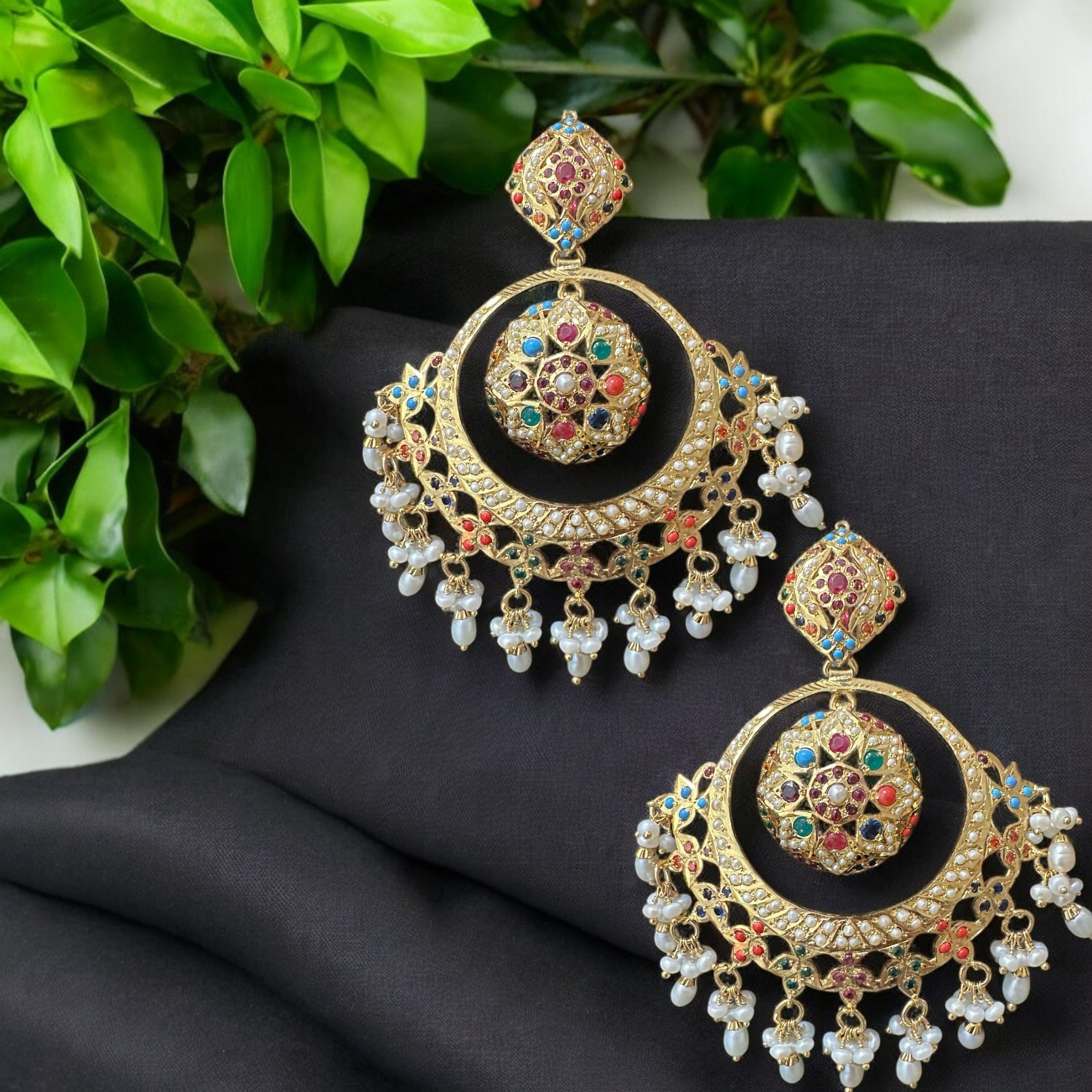92.5 Silver Gold-Plated Earrings in Navratan with Freshwater Pearls – Handcrafted Jadau chandbali (READY TO SHIP )