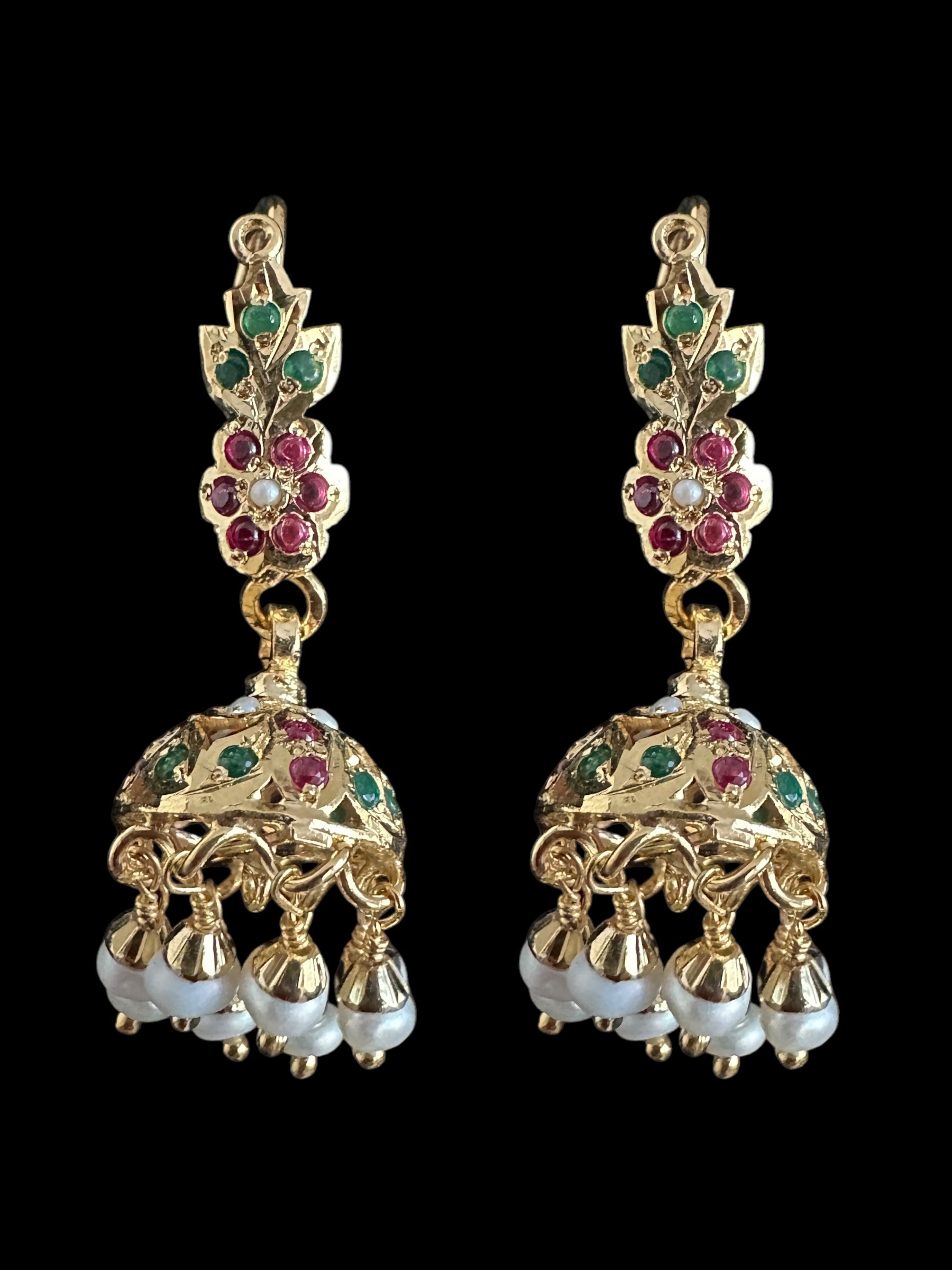 Light weight jhumka earrings in gold plated silver - ruby emerlad ( SHIPS IN 5 WEEKS )