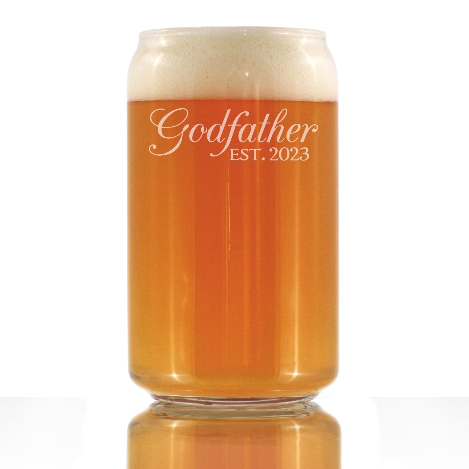 Godfather Est. 2023 - Decorative 16 oz Beer Can Pint Glass - Etched Sayings, Cute and Fun Reveal Gift for Godparents