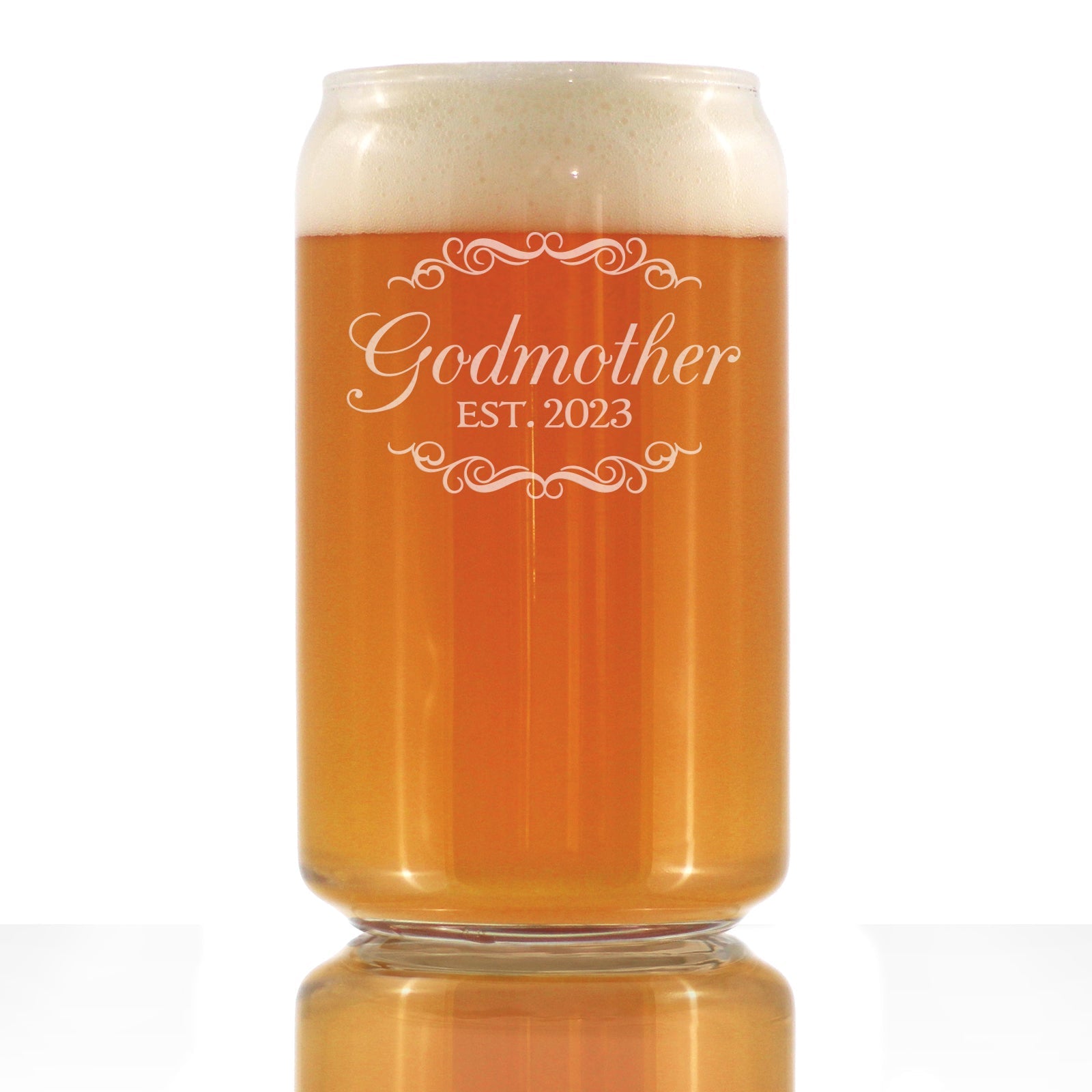 Godmother Est. 2023 - Decorative 16 oz Beer Can Pint Glass - Etched Sayings, Cute and Fun Reveal Gift for Godparents