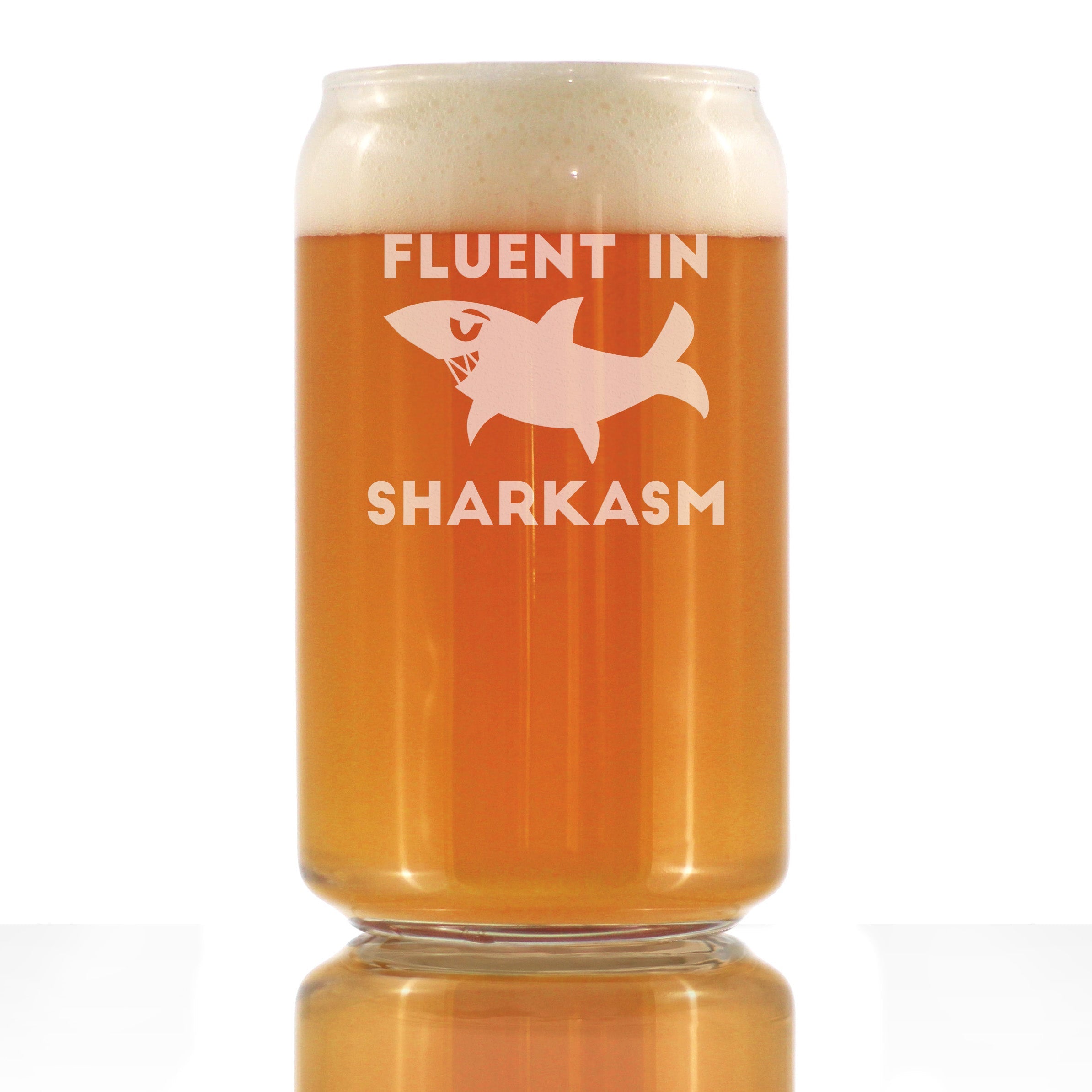 Fluent in Sharkasm - Funny Shark Beer Can Pint Glass Gifts for Men &amp;amp; Women - Fun Unique Sharks Decor