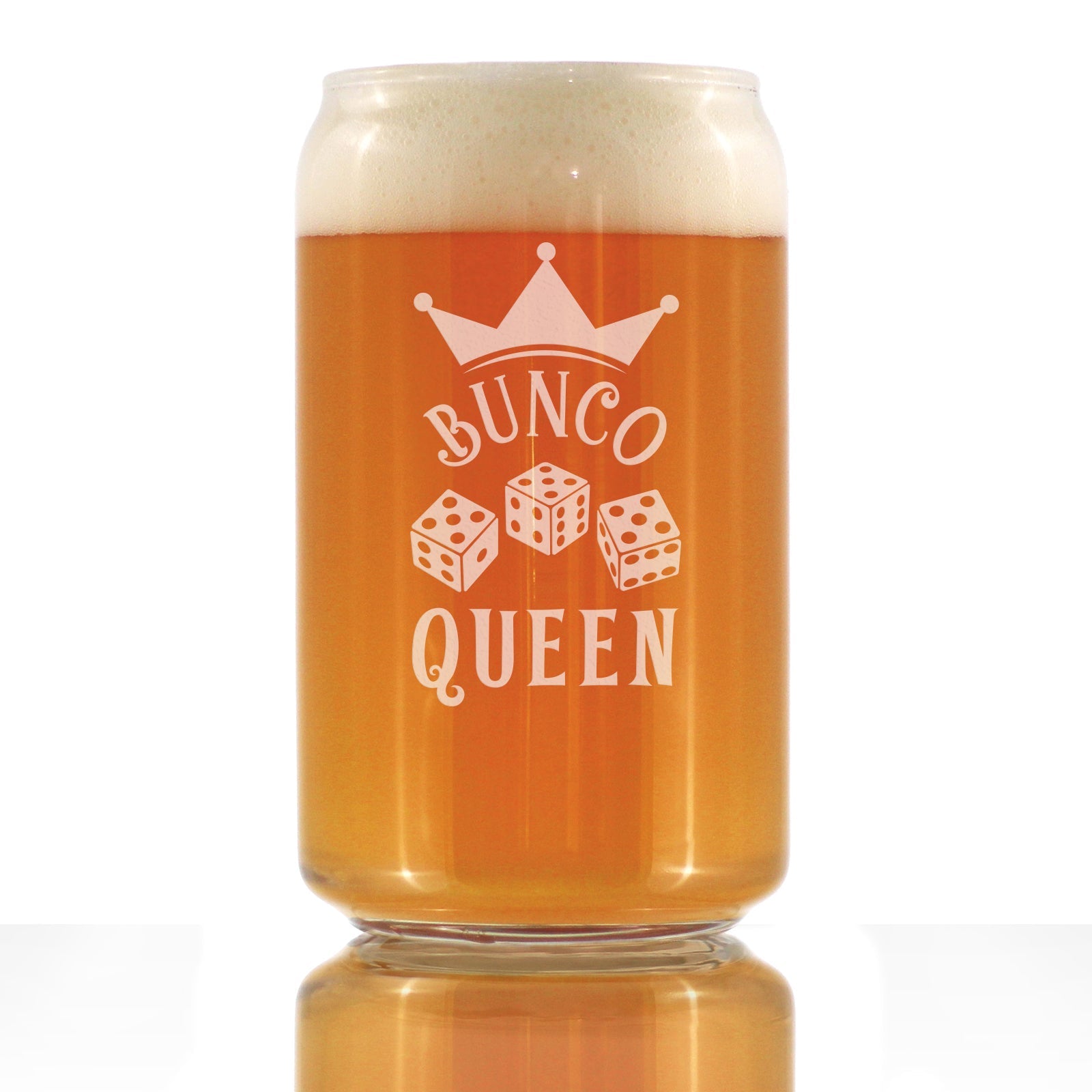 Bunco Queen Beer Can Pint Glass - Bunco Decor and Bunco Gifts for Women - 16 Oz Glasses