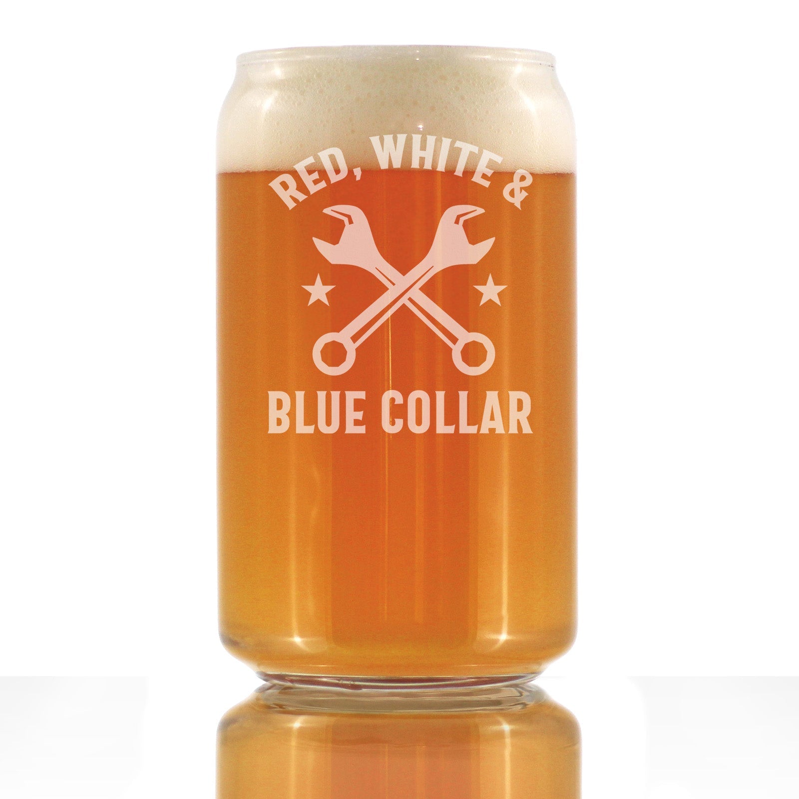 Red White &amp;amp; Blue Collar Engraved Beer Can Glass Gifts Gifts for Tradesmen, Manual Labor Workers Beer Can Shaped Pint Glass - 16oz