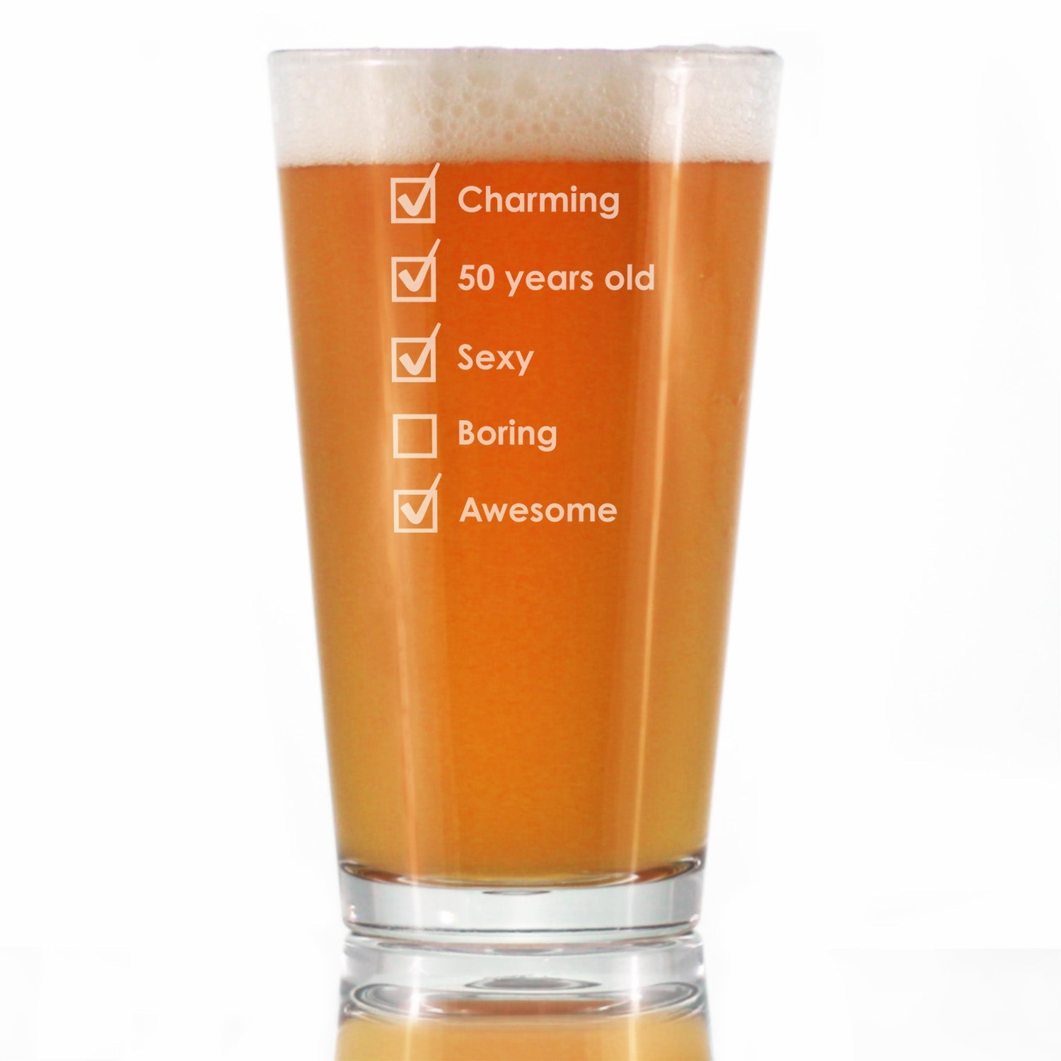 50th Birthday Checklist - Pint Glass for Beer - Funny Bday Gifts for Women and Men Turning 50 - 16 oz Glasses