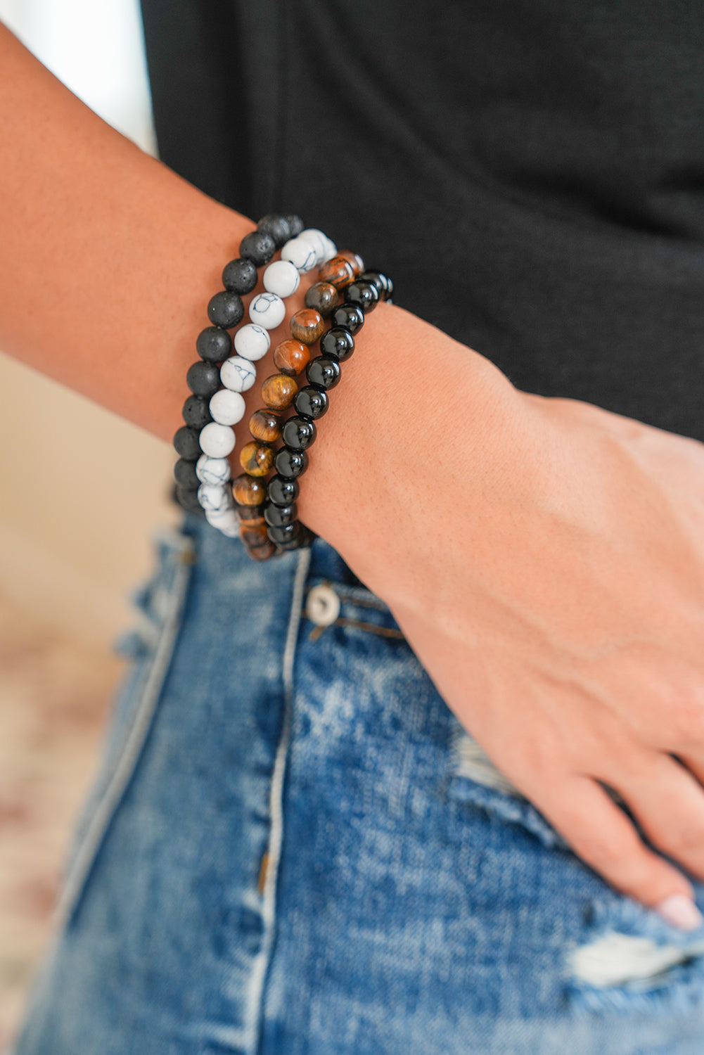 Black Retro Beaded Crystal 4pcs Bracelet Set
