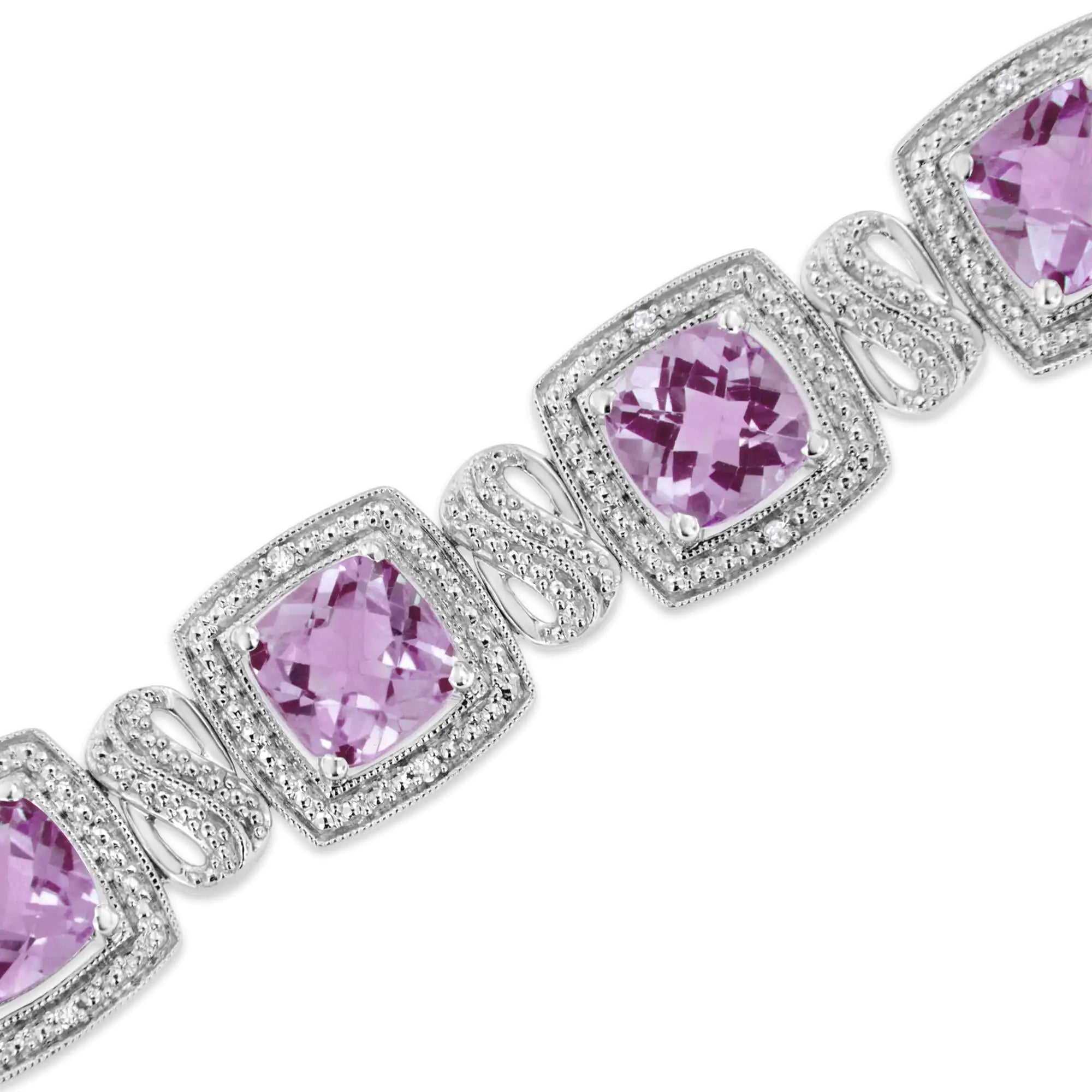 (.08) Style Loft Collection .925 Sterling Silver 7x7 mm Cushion Cut Purple Amethyst and 1/10 ctw Round Cut Diamond Square Shape Tennis Bracelet (I-J Color, I1-I2 Clarity) - 7&amp;quot;