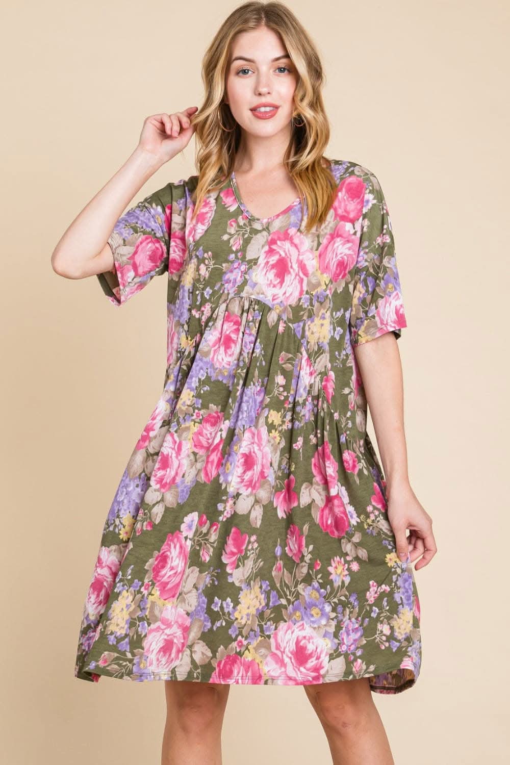 BOMBOM Flower Print V-Neck Ruched Dress for Effortless Elegance