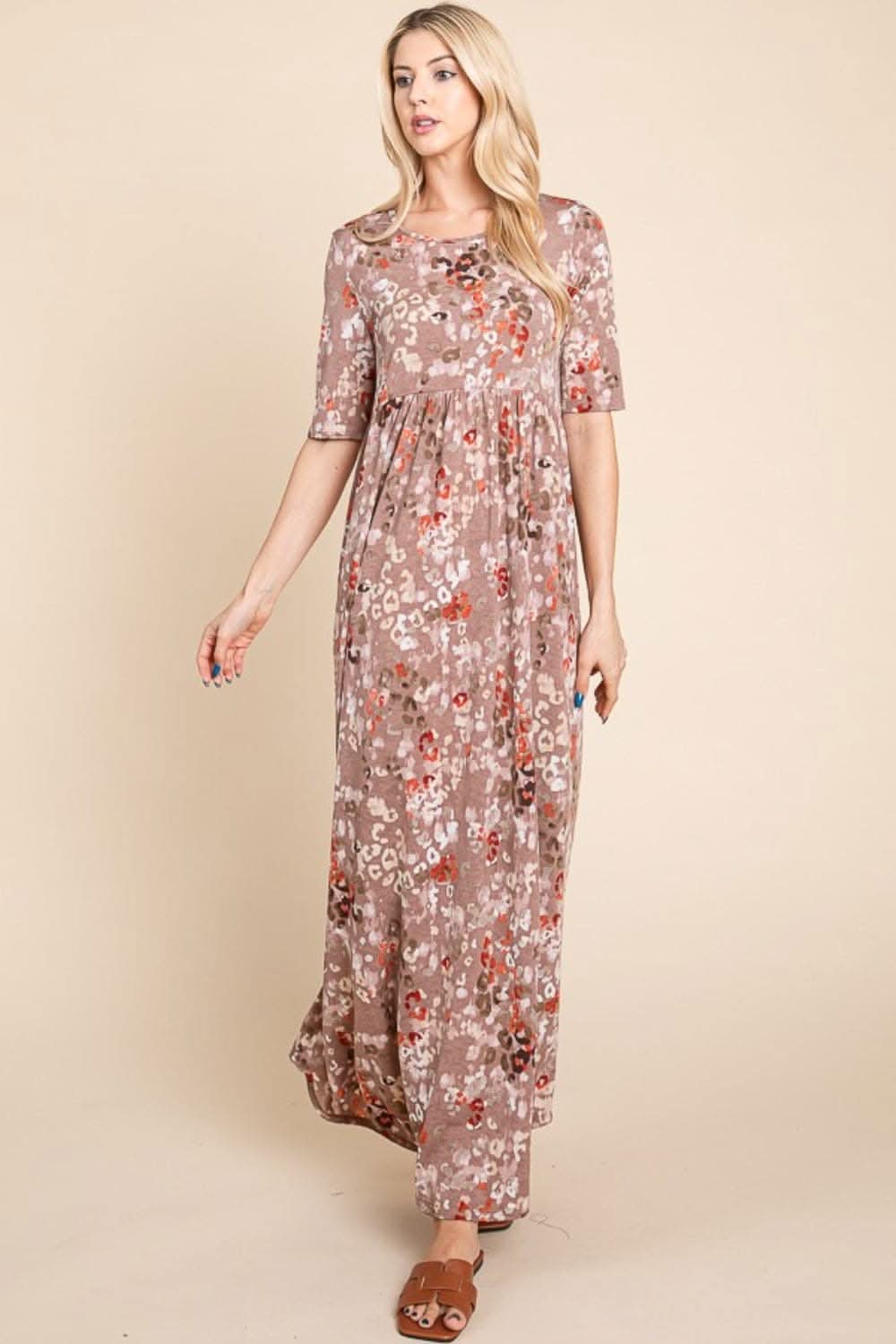 BOMBOM Printed Shirred Maxi Dress for Effortless E
