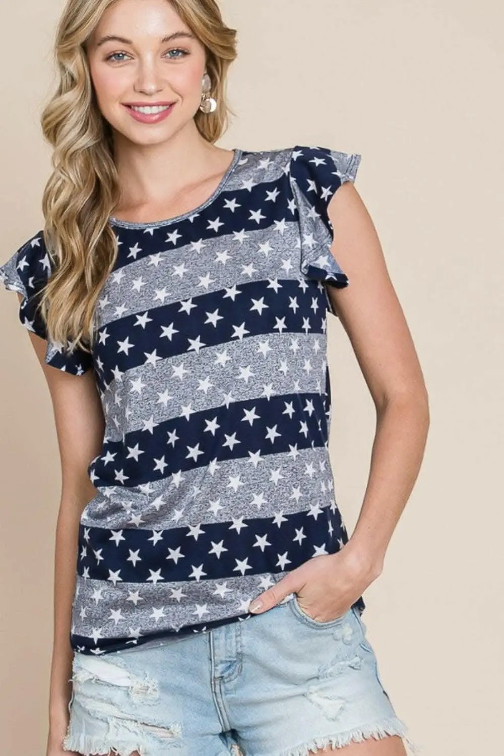 Striped T-Shirt Women&amp;#39;s Casual Top Cute Cap Sleeves Soft Knit