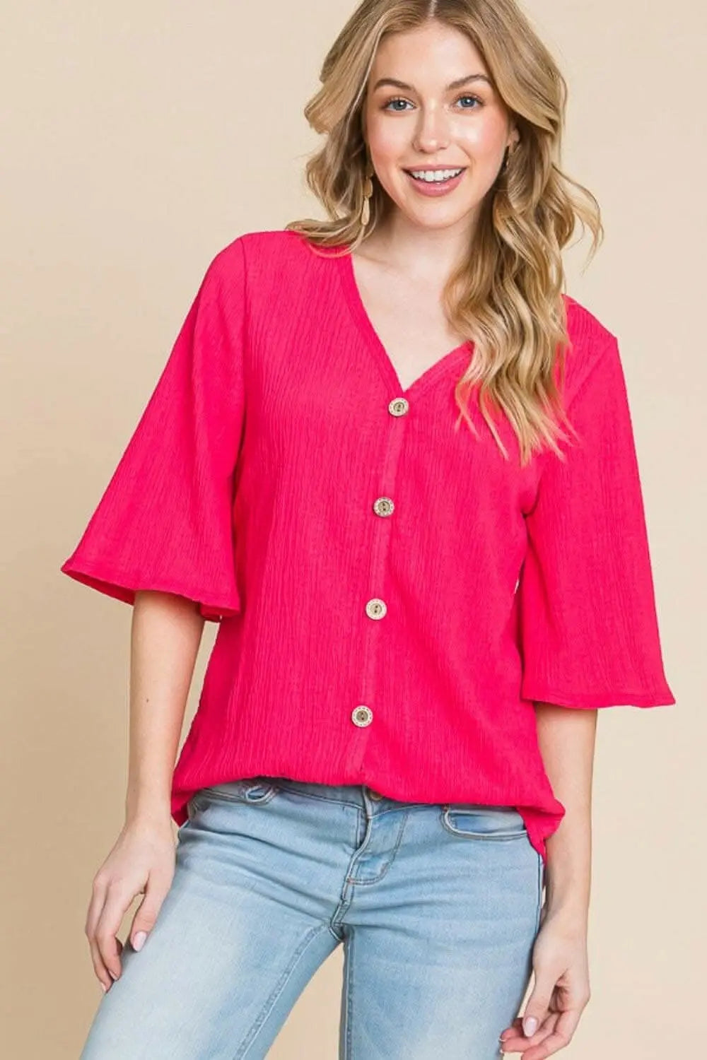 just arrived - BOMBOM Texture Decorative Button V-Neck Top