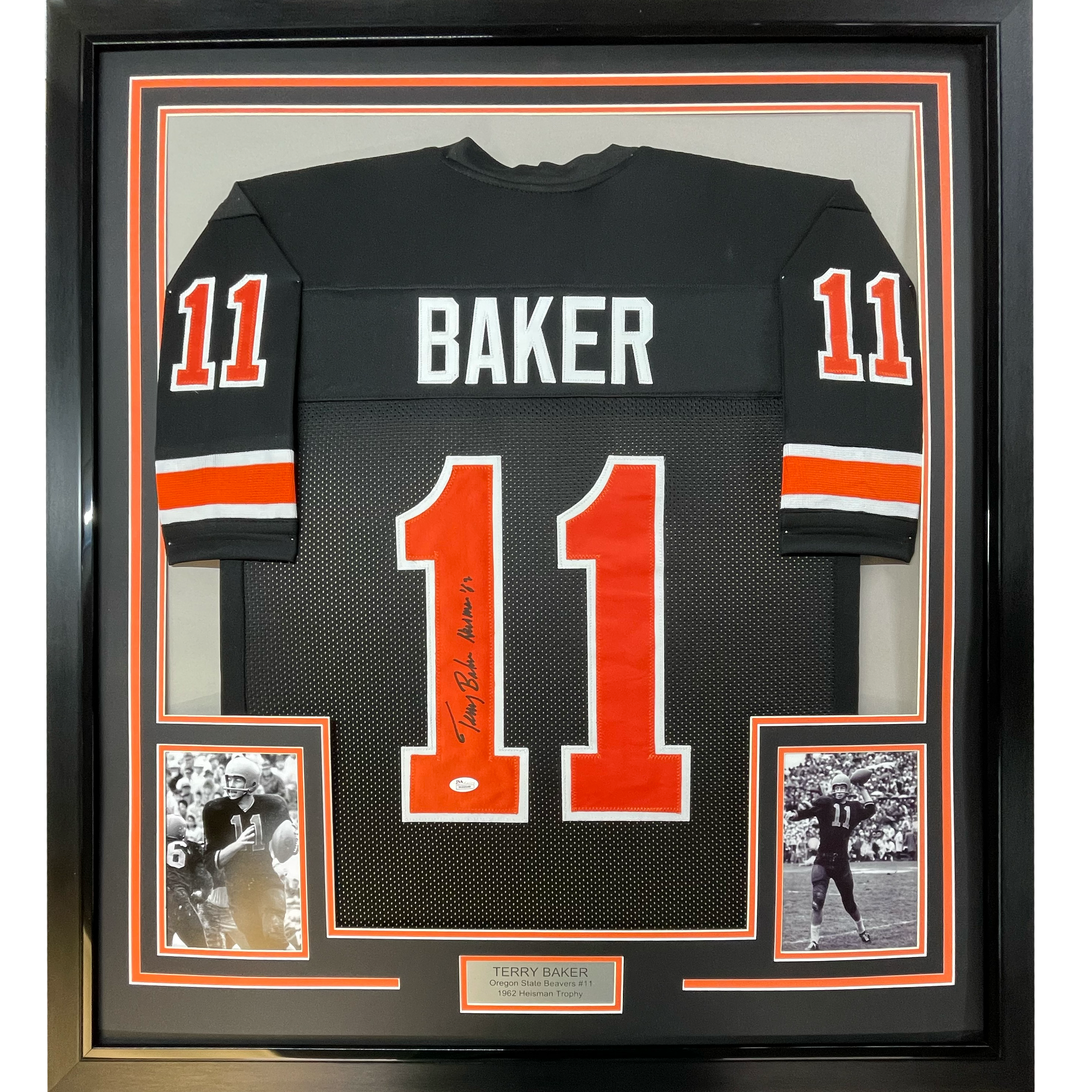 Framed Autographed/Signed Terry Baker Heisman 62 35x39 Oregon State Black College Football Jersey PSA/DNA COA