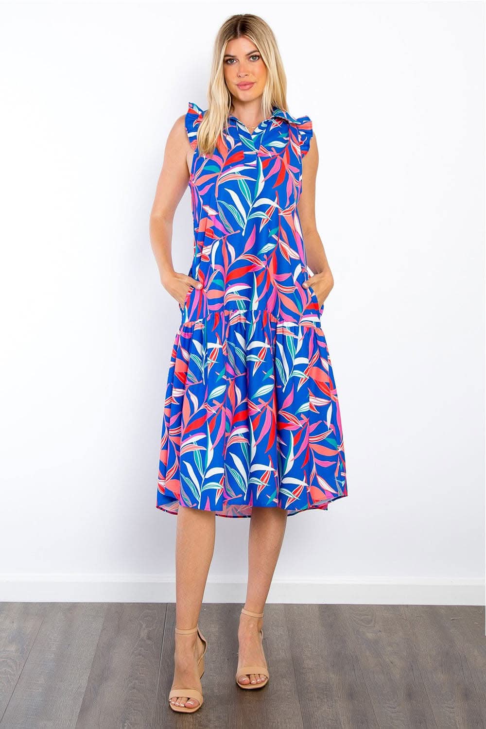 Be Stage Print Ruffled Midi Dress with Pockets Chic